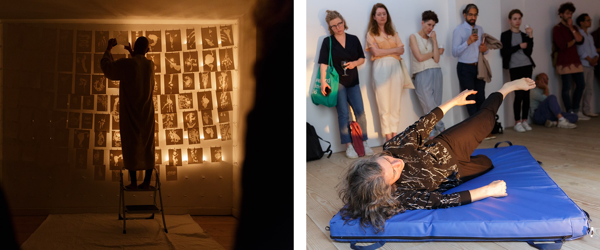 Left: Performance by Antonio Obá at a Delfina Foundation open studios, 2017. Right: Performance by artist in residence Tamara Kuselman as part of Delfina Foundation 'Open Studios', 2018. Photograph by Tim Bowditch. Courtesy of the Delfina Foundation.