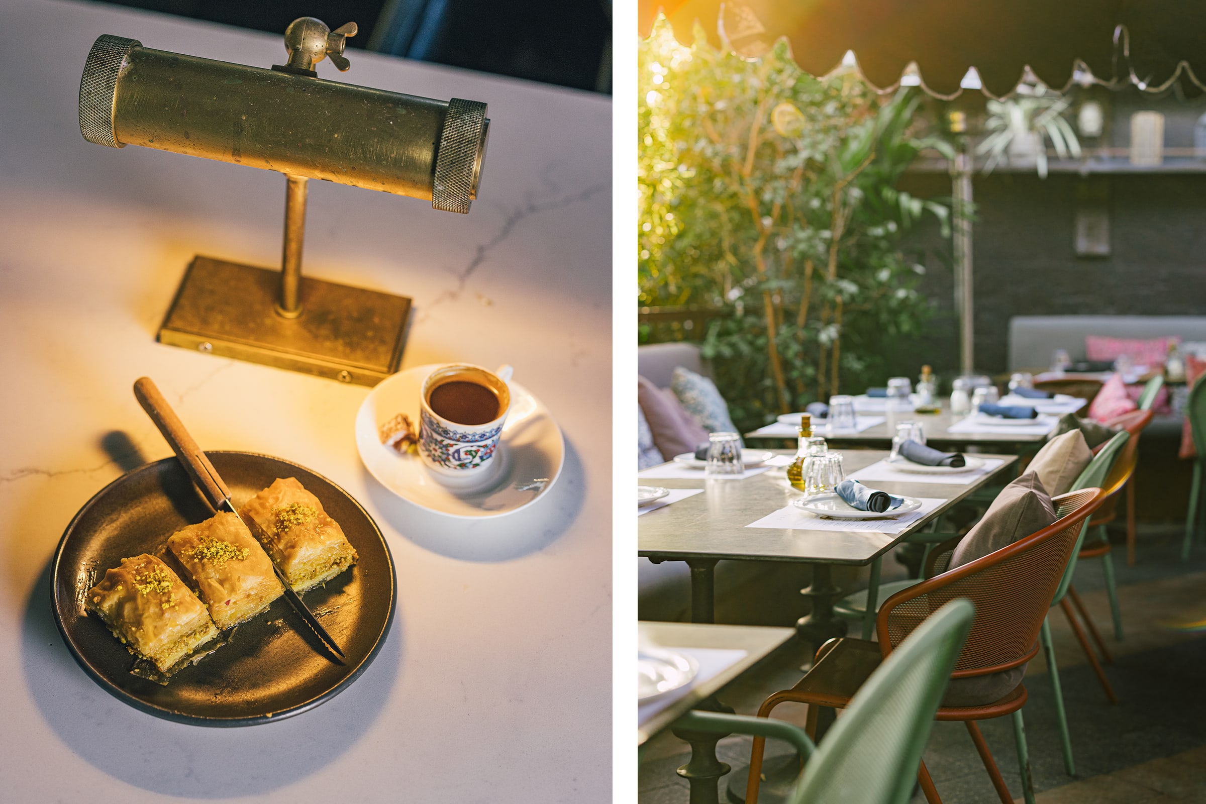 Left: Pistachio Baklava at Doya. Right: Doya outdoor patio. Photographs Daniel Zuliani.