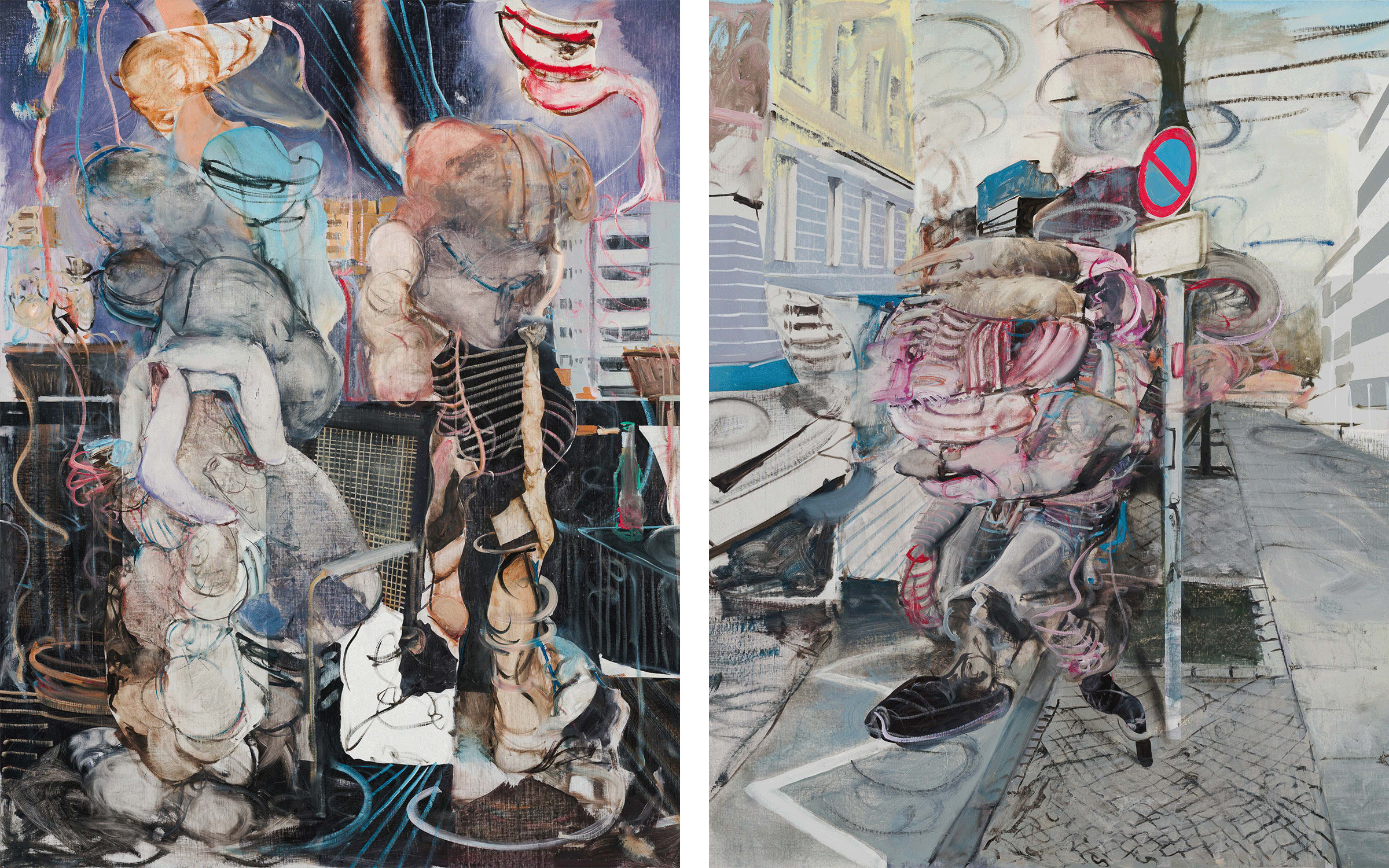 Artworks by Adrian Ghenie. Photograph by Trevor Good. Courtesy of the artist and Galeria Plan B Cluj, Berlin. Left: The Beginning, 2022. Right: Untitled, 2022.