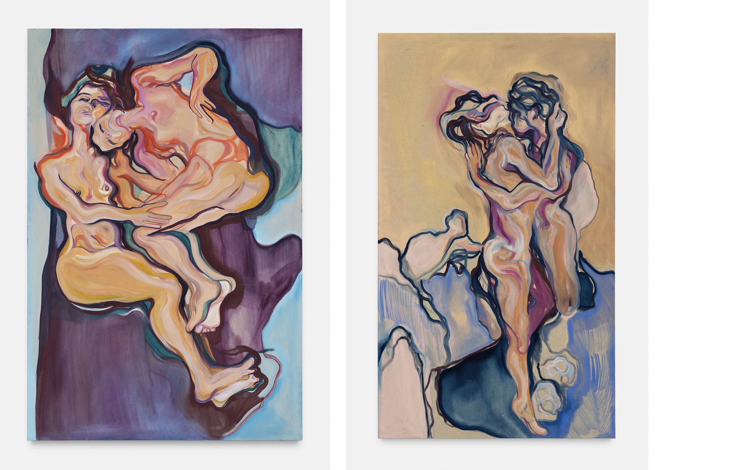 Artworks by Anna Karkar, 2023 © Ana Karkar. Courtesy of the artist and Almine Rech. Photographs by Hugard & Vanoverschelde Photography. Left: Twin Falls. Right: Skin in the game.
