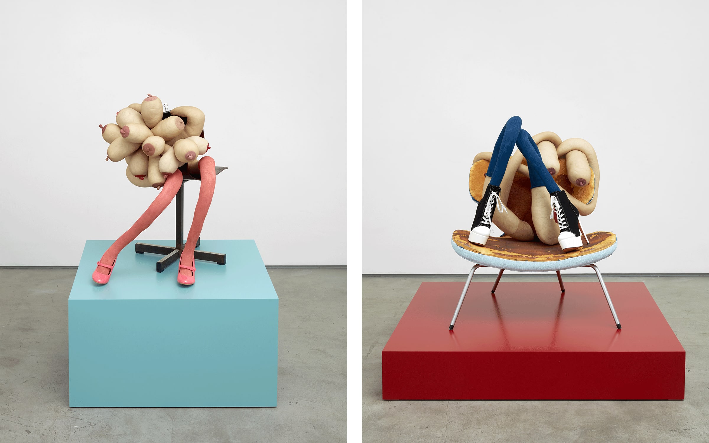 Artworks by Sarah Lucas. Courtesy of the artist and Sadie Coles HQ, London © Sarah Lucas. Left: SUGAR, 2020. Right: Sarah Lucas COOL CHICK BABY, 2020. Collection of Alexander V. Petalas. 