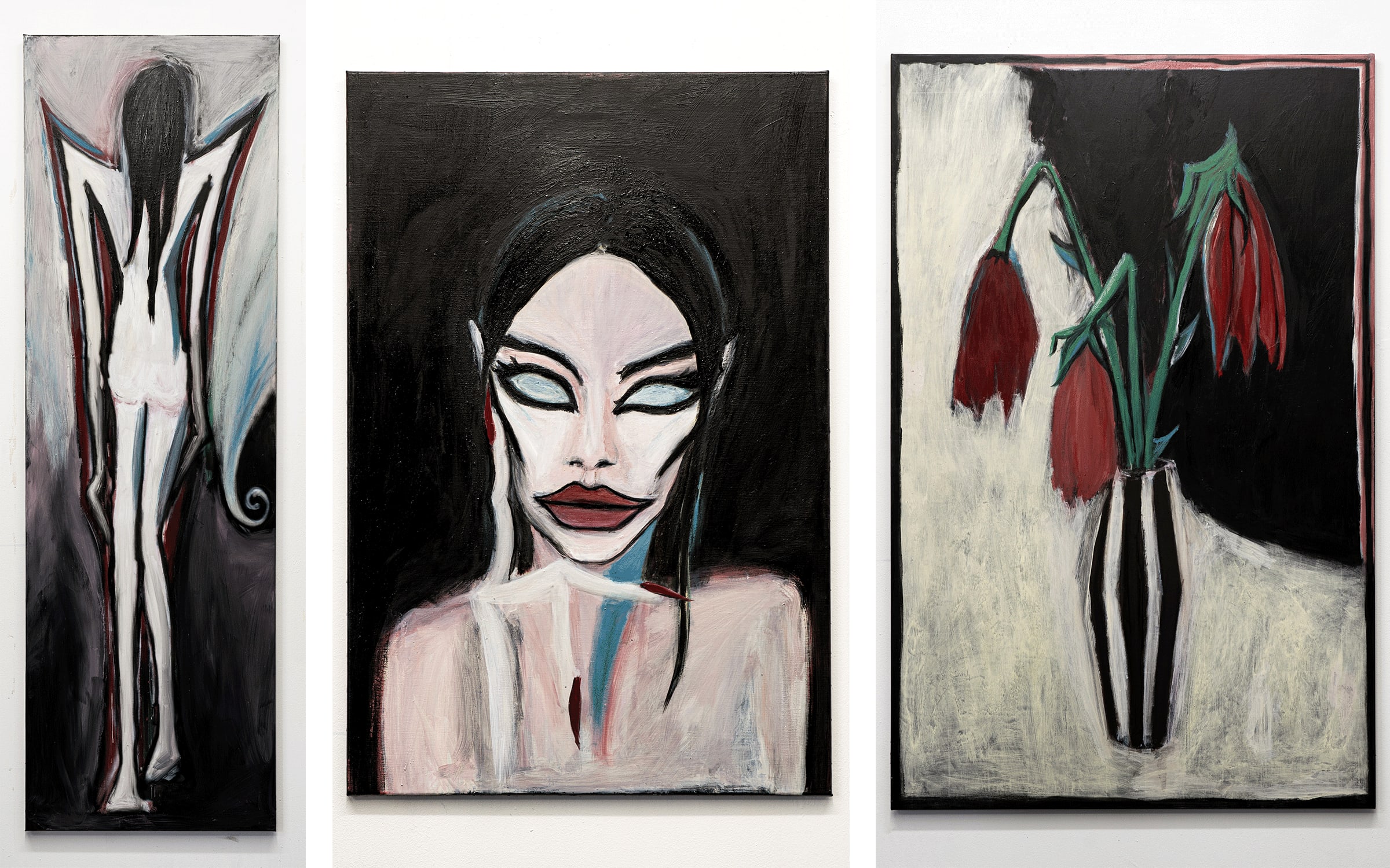 Artworks by Tobias Spichtig. Courtesy of Meredith Rosen Gallery. From left to right: 1. Nude Leaving, 2023. 2. Michella (poem), 2023. 3. Flowers in a vase, 2023.