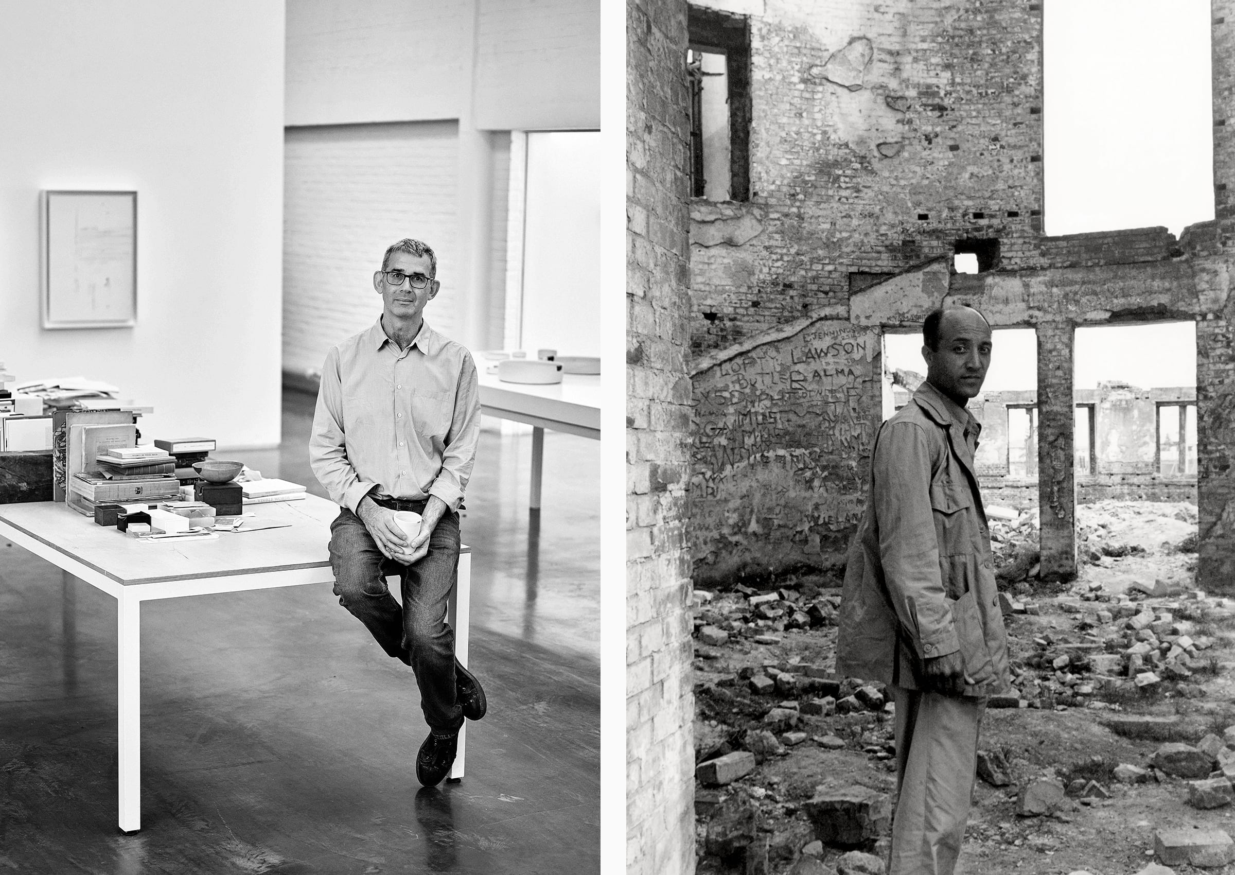 左：Edmund de Waal，照片由Tom Jamieson拍攝；右：野口勇身處廣島廢墟當中，1951，野口勇博物館檔案，05431，© 紐約野口勇博物館基金及博物館，Artists Rights Society (ARS)
