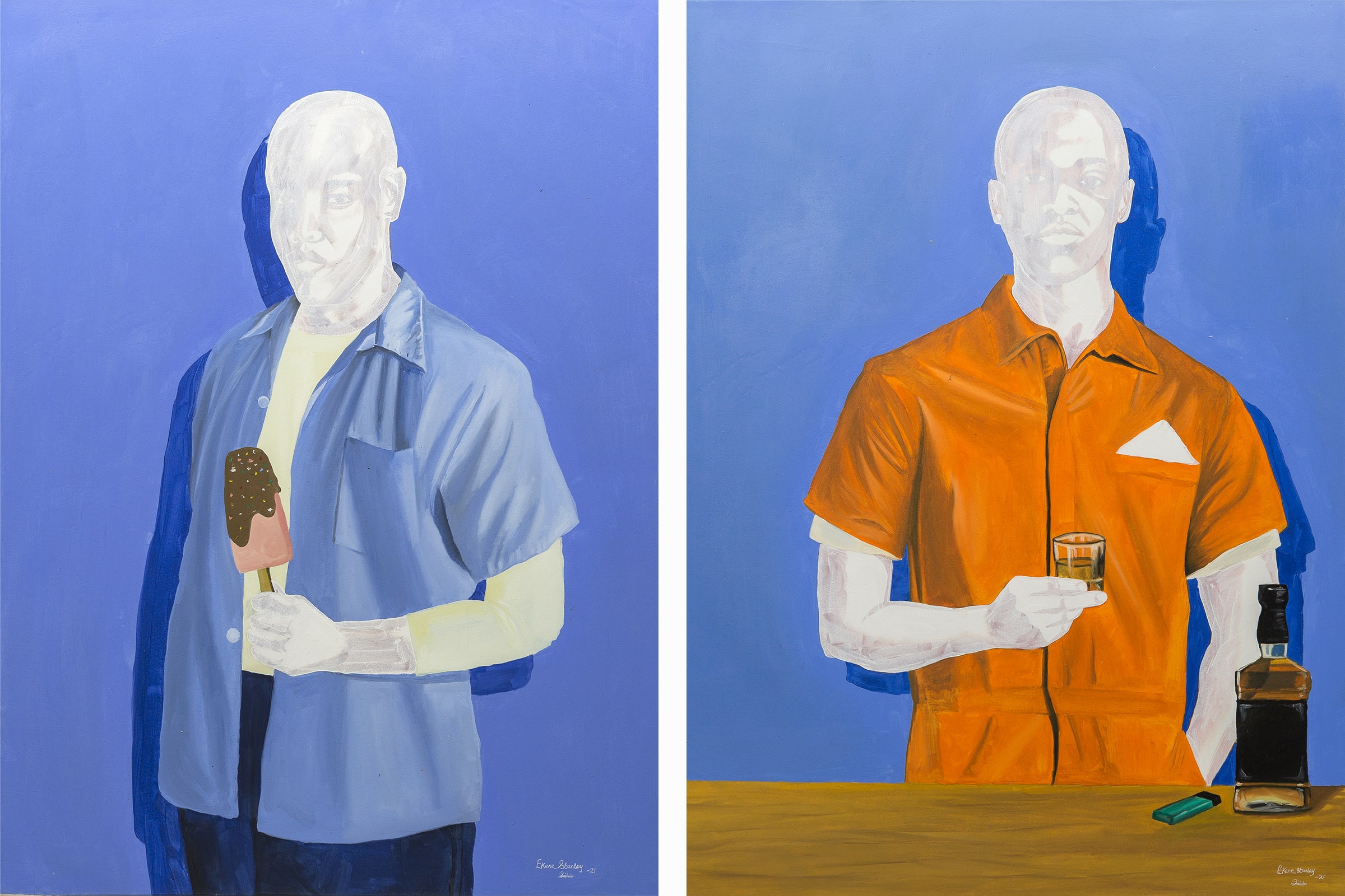 Left: Man with Ice Cream, 2021. Right: Man with Liquor, 2021. Both works by Ekene Stanley Emecheta. © Ekene Stanley Emecheta. Courtesy of The Breeder.