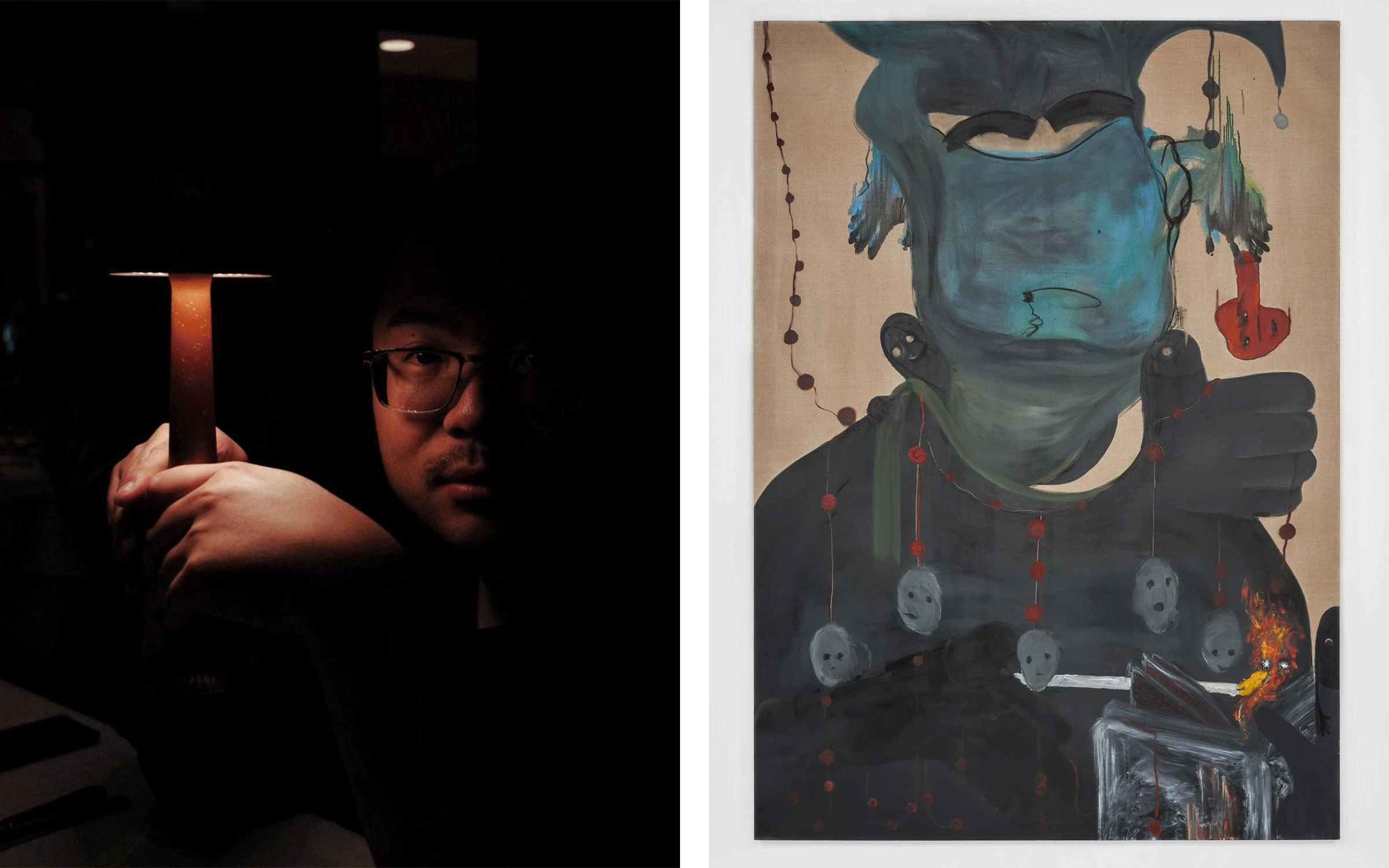 Left: Owen Fu. Photograph by Yusuke Ito. Right: Owen Fu, Chant, 2021. Courtesy of the artist, Balice Hertling (Paris), and Antenna Space (Shanghai).