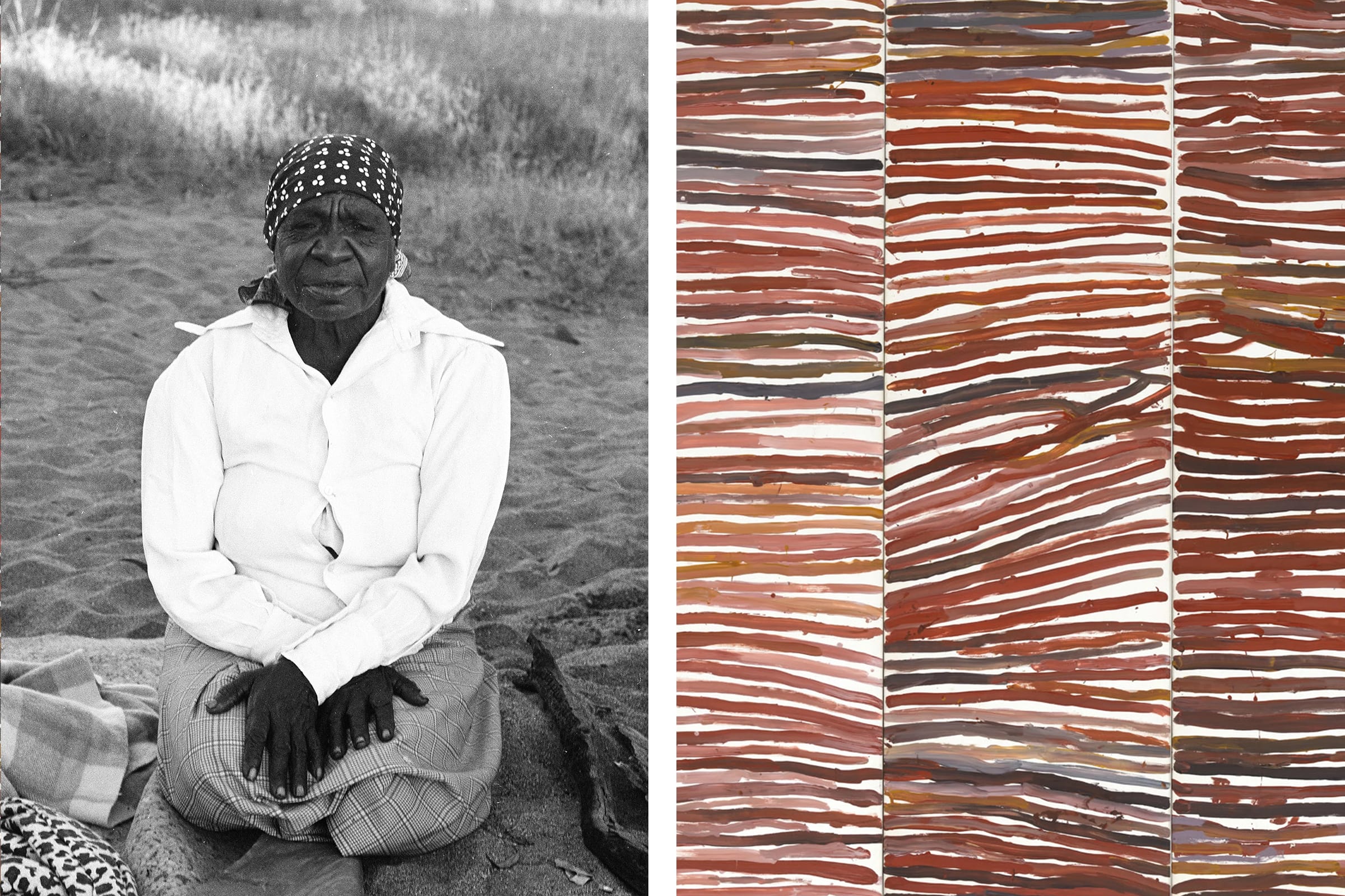 Left: Emily Kam Kngwarray near Mparntwe / Alice Springs after the first exhibition of Utopia batiks, 1980. Photo © Toly Sawenko, 2023. Right: Detail of Emily Kam Kngwarrray’s Untitled (Awely) (1994). © Emily Kam Kngwarray/Copyright Agency.