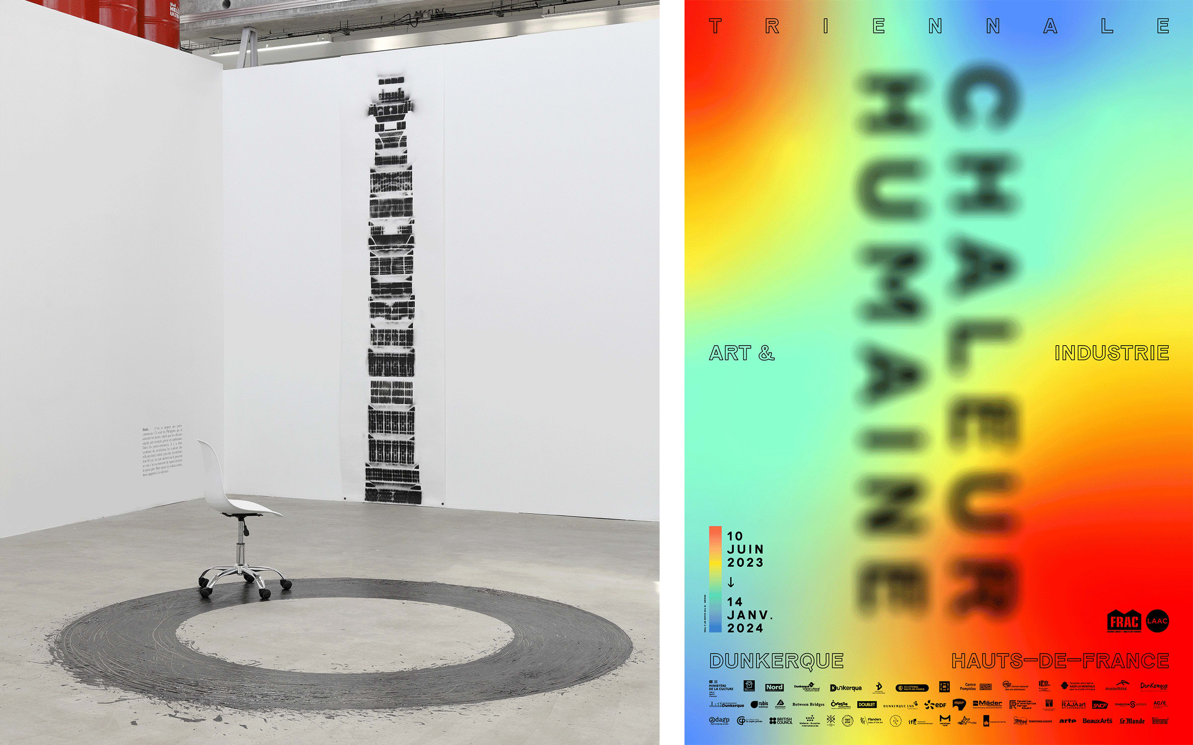 Left: Installation view of exhibition ‘De leur temps (7)’, 2023, Frac Grand Large — Hauts-de-France, Dunkerque. In partnership with ADIAF © Photograph by Aurélien Mole. Right: Official poster for the Triennale Art & Industrie 2023.