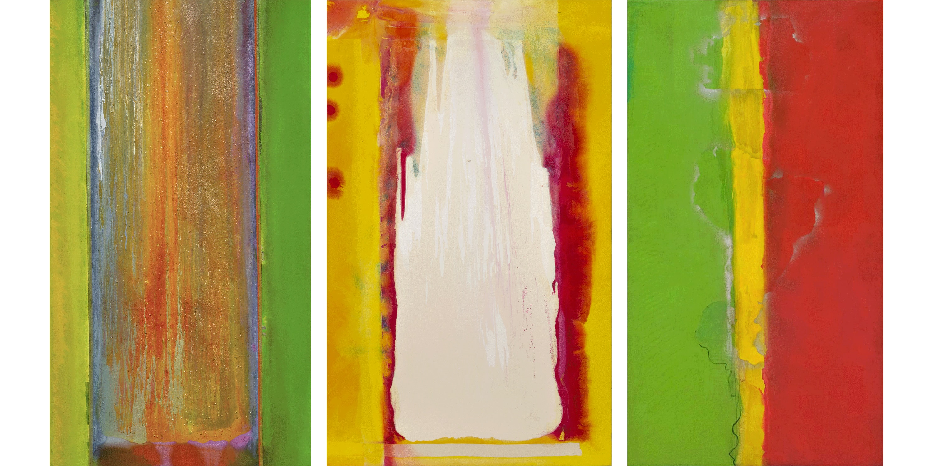 Left to right: 1. Suncrush, 1976 Frank Bowling. Sophie M. Friedman Fund © Frank Bowling. Photograph by the Museum of Fine Arts, Boston. All rights reserved, DACS, London & ARS, New York 2022. 2. Frank Bowling, Woosh, 1974. Private Collection, USA, photograph by Jaime Alvarez, reproduced with permission. © Frank Bowling. All rights reserved, DACS, London & ARS, New York 2022. Courtesy of the Museum of Fine Arts, Boston. 3. Frank Bowling, Who's Afraid of Barney Newman, 1968. Tate: Presented by Rachel Scott, 2006. © Frank Bowling. All rights reserved, DACS/Artimage, London & ARS, New York 2022. Courtesy of the Museum of Fine Arts, Boston.