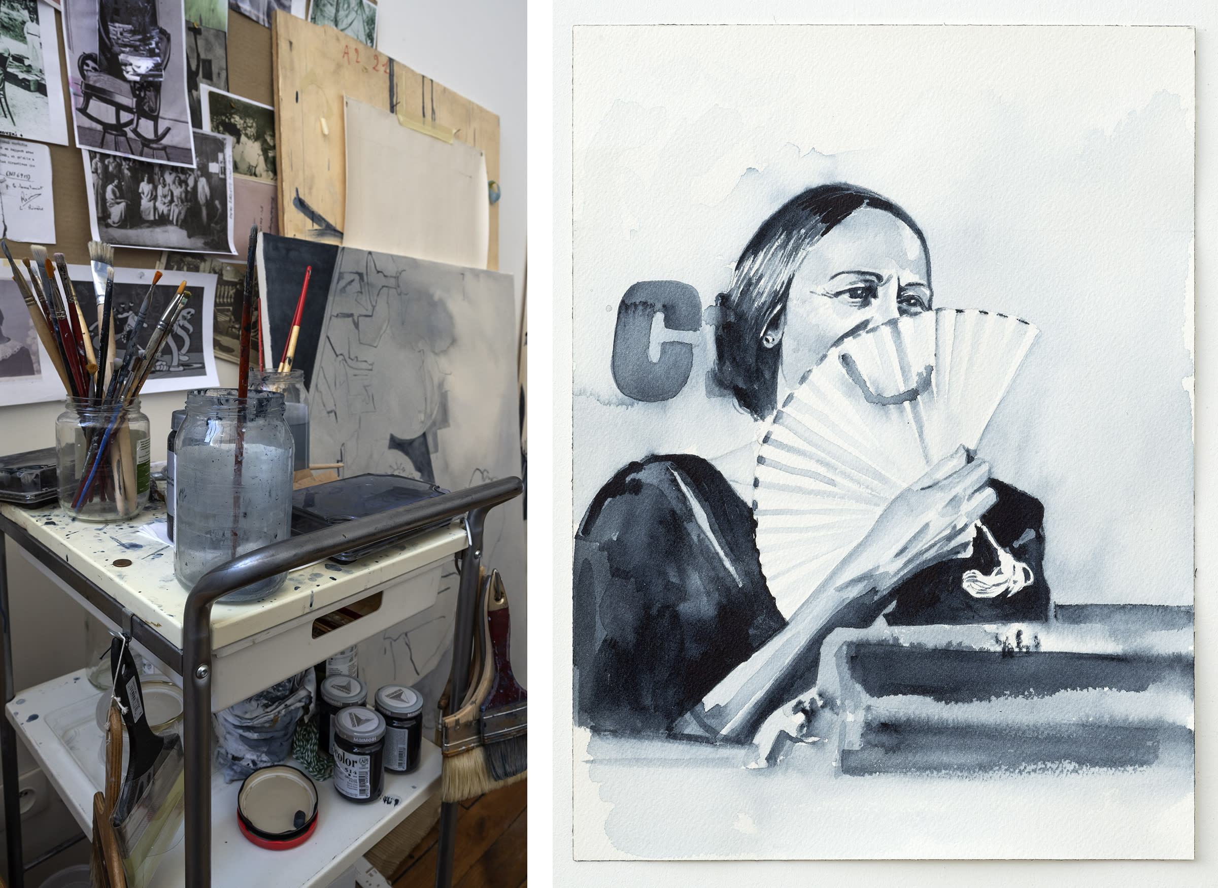 Left: Giulia Andreani's studio. Right: Work by the artist. © Adagp, Paris, 2023. Photographs by Charles Duprat.