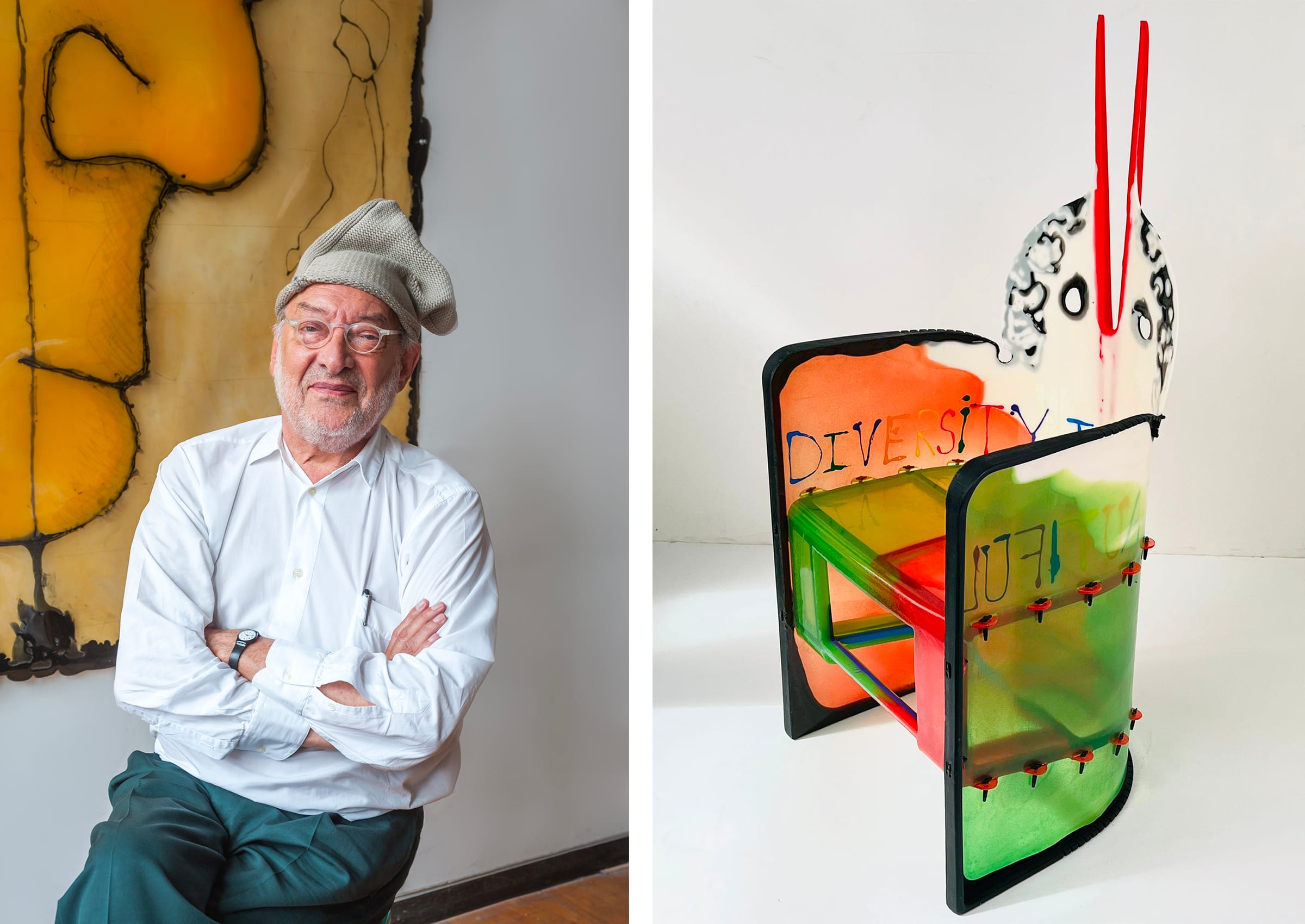 Left: Gaetano Pesce, 2014. Photograph by Mark C. O'Flaherty. Right: Gaetano Pesce, Nobody's perfect. Courtesy of the artist.