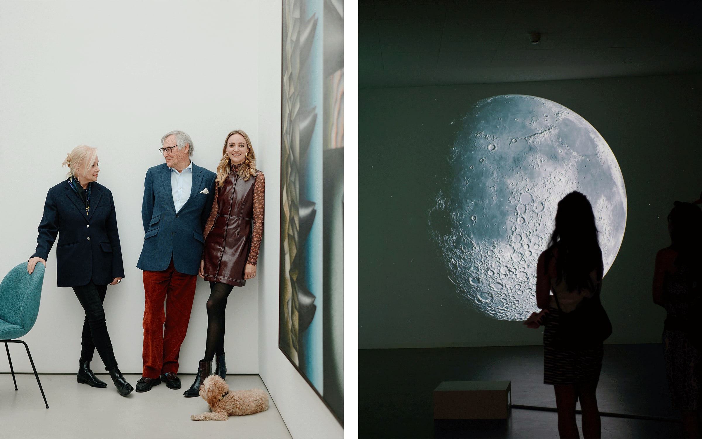 Left: Lucy Mitchell-Innes, David Nash, and Josephine Nash. Photograph by William Jess Laird. Right: Installation view of an artwork by Jacolby Satterwhite, presented by Mitchell-Innes & Nash in the Parcours sector at Art Basel in Basel 2023.