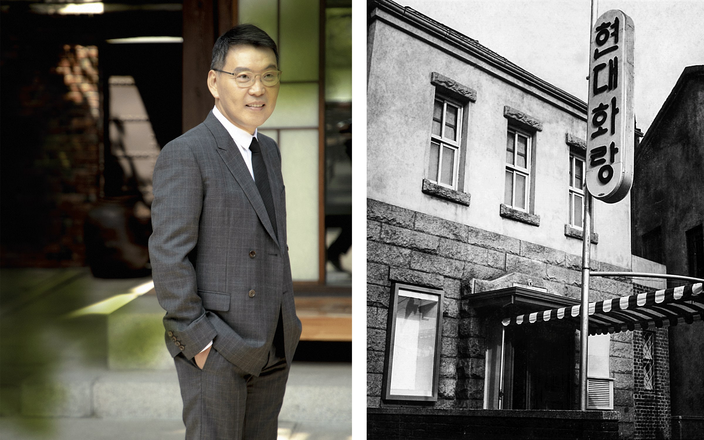 Left: HyungTeh Do, owner and CEO of Gallery Hyundai. Photograph by Sarah Koeke for Art Basel. Right: Photograph of Gallery Hyundai’s original building. Courtesy of Gallery Hyundai.