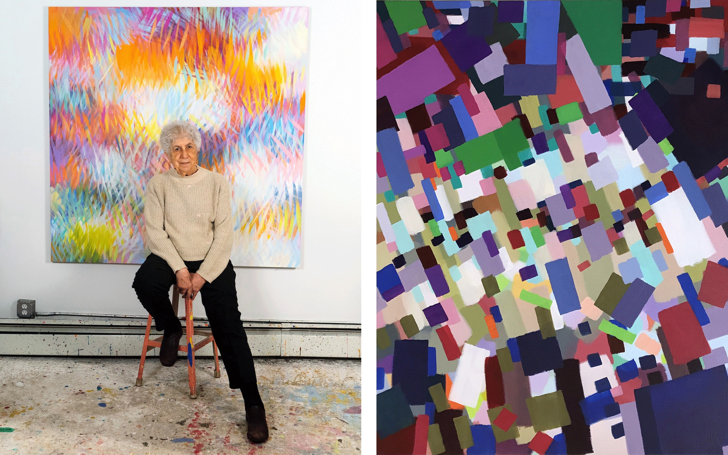 Left: Samia Halaby, 2020. Courtesy of the artist and Sfeir-Semler Gallery. Right: Samia Halaby, Steps Shops Signs (detail), 2023. Courtesy of the artist and Sfeir-Semler Gallery.