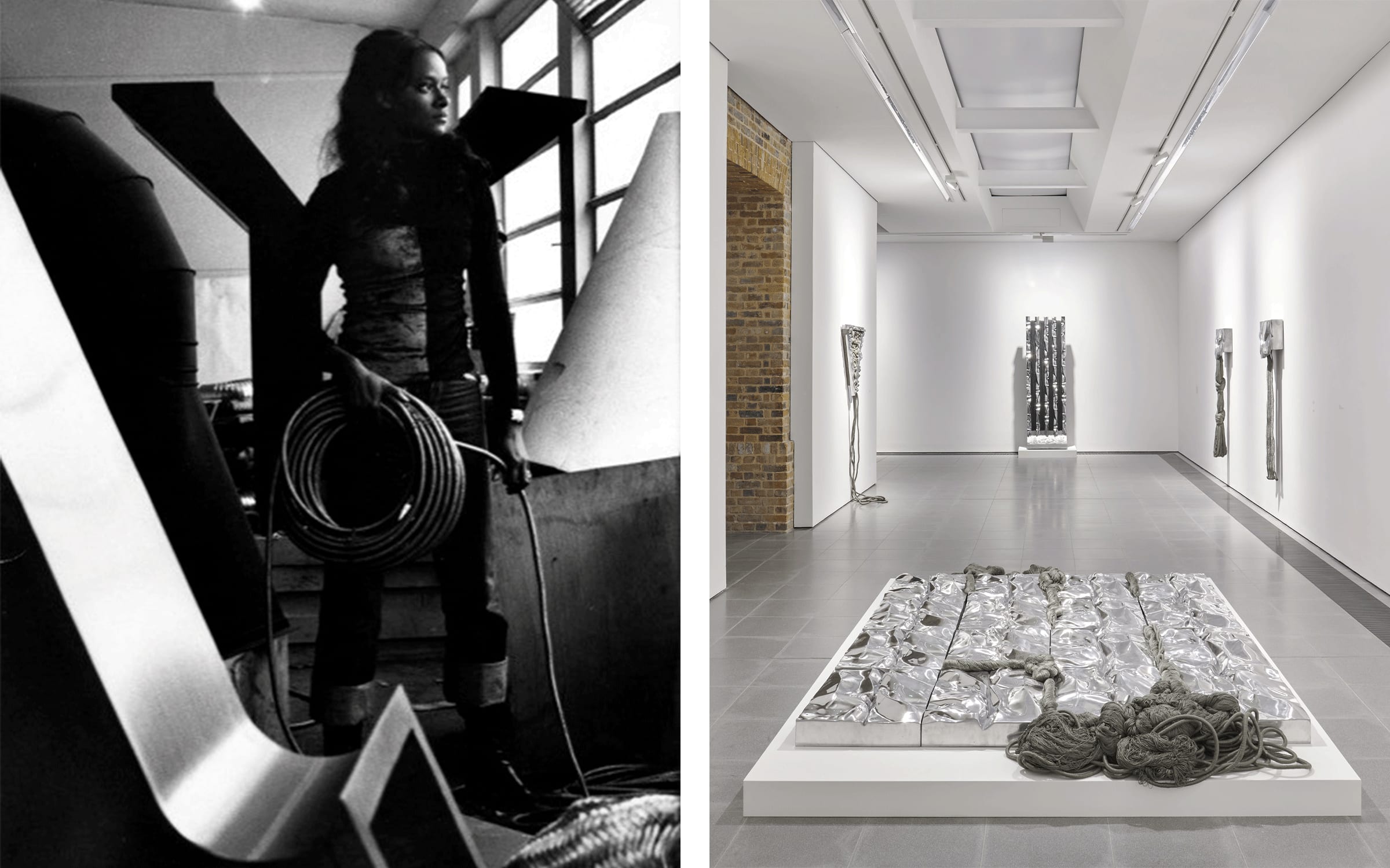 Left: Barbara Chase-Riboud at her atelier on Rue Dutot, Paris, 1973. Photograph by Marc Riboud, courtesy of the artist. Right: Installation view of Barbara Chase-Riboud’s exhibition ‘Infinite Folds’ at Serpentine North, London, 2022. Photographs by Jo Underhill. Courtesy of the artist and Serpentine.
