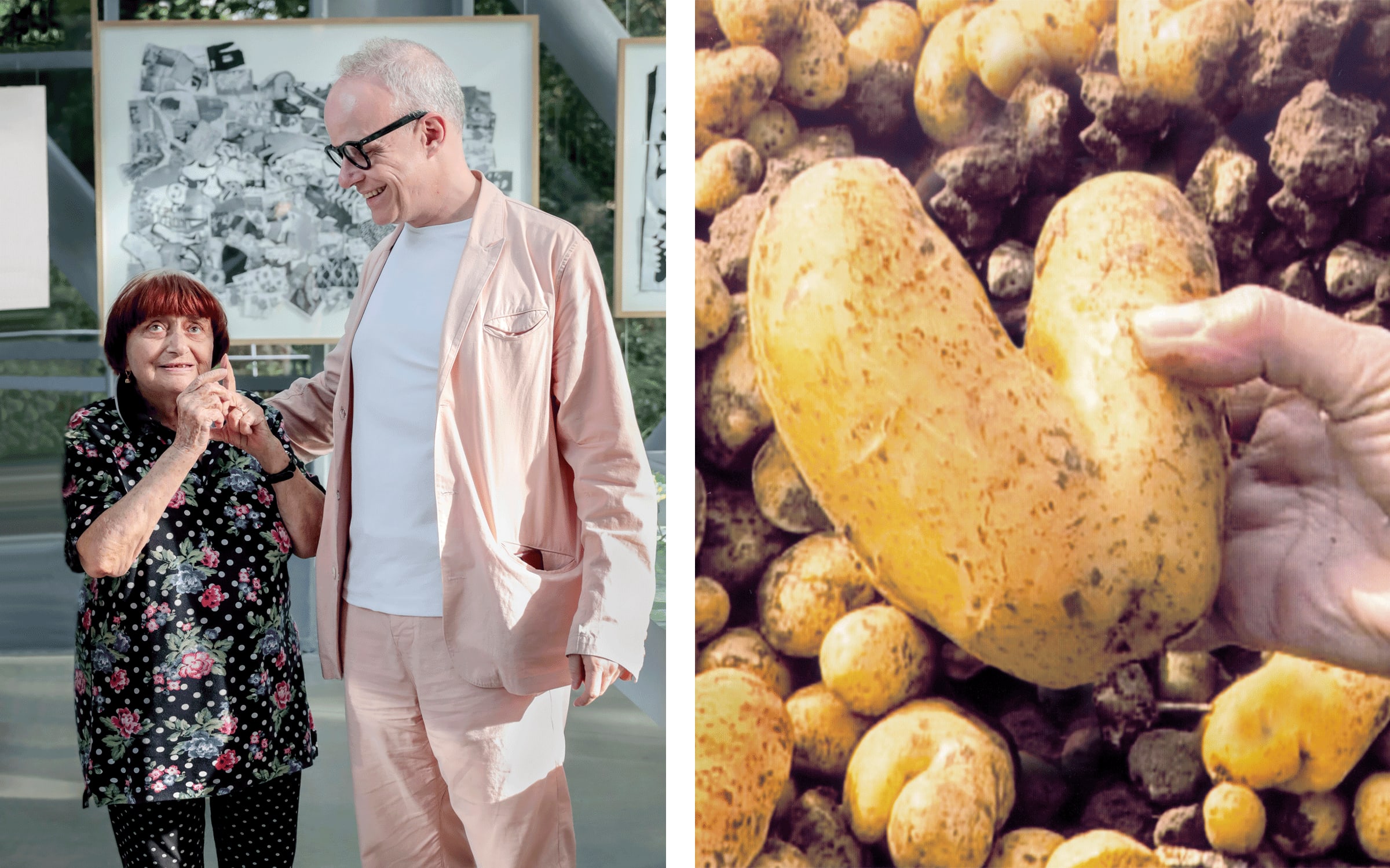 Left: Agnès Varda and Hans-Ulrich Obrist. © Michel Slomka/MYOP. Right: Agnès Varda’s hand gleaning a heart-shaped potato, photogram from The Gleaners and I © 1999 ciné-tamaris