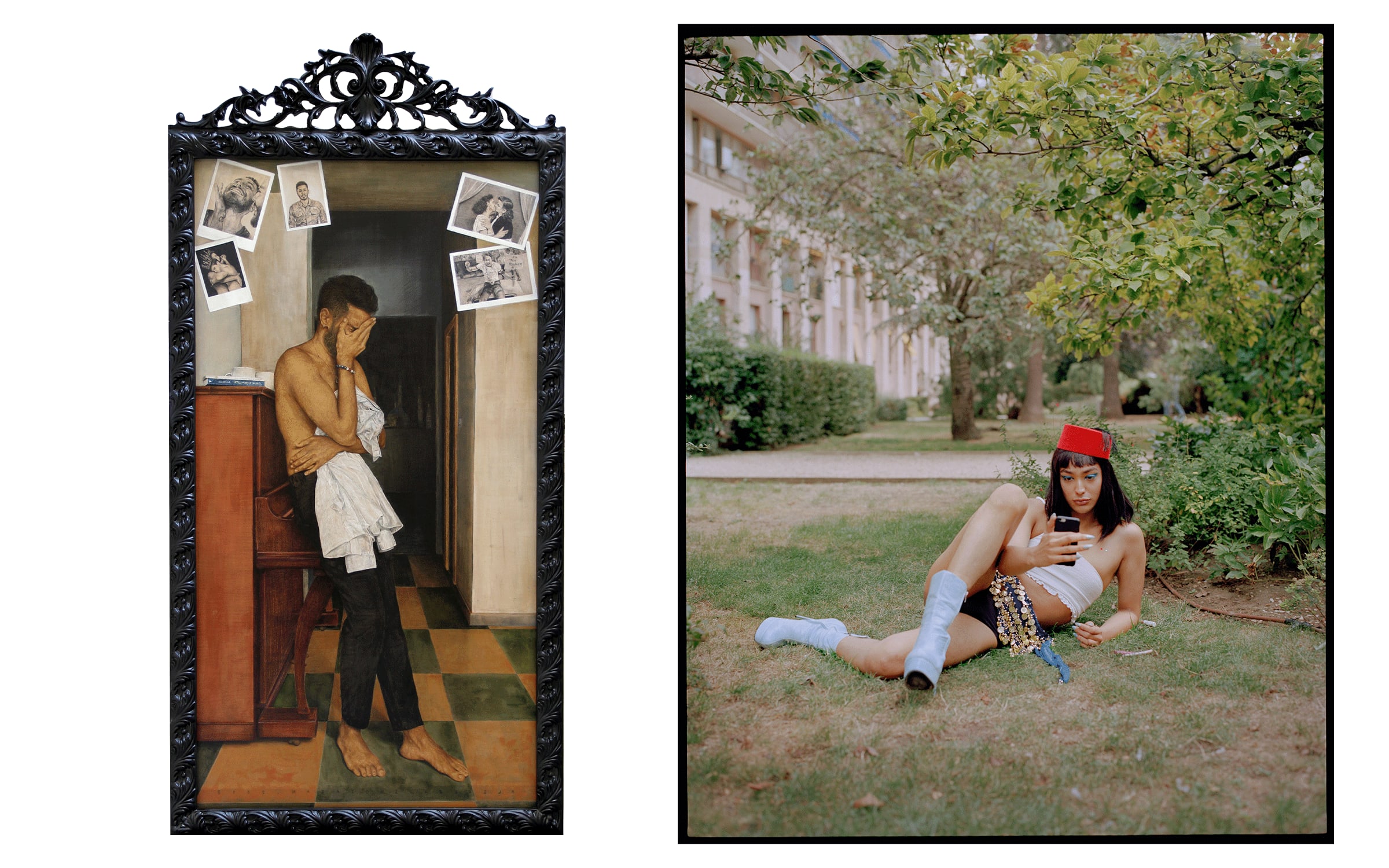 Left: Alireza Shojaian, The Mirror. Collection of Ramzi Abufaraj and Keith Nuss. Courtesy of the artist. Right: Camille Lenain, Lalla Rami, Boulogne, 2020. Courtesy of the artist.