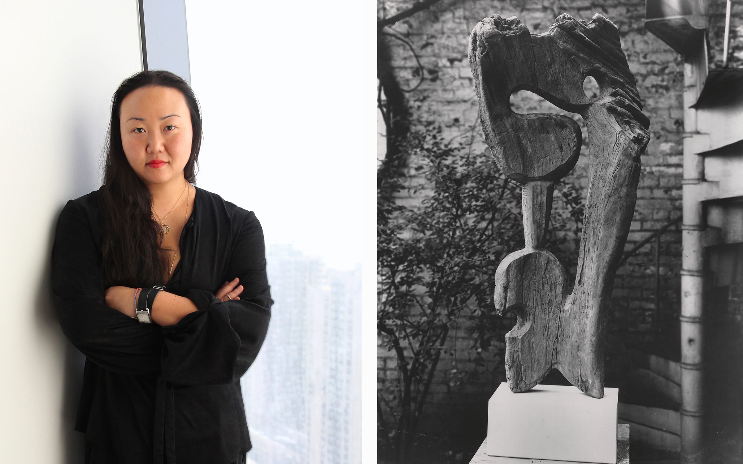 Left: Hanya Yanagihara. Photograph by Jenny Westerhoff. Right: Isamu Noguchi, My Pacific (Polynesian Culture), 1942. Collection of The Museum of Modern Art, New York; Florene May Schoenborn Bequest, 824.1996. Photo: The Noguchi Museum Archives, 01559. © The Isamu Noguchi Foundation and Garden Museum, New York / Artists Rights Society (ARS).
