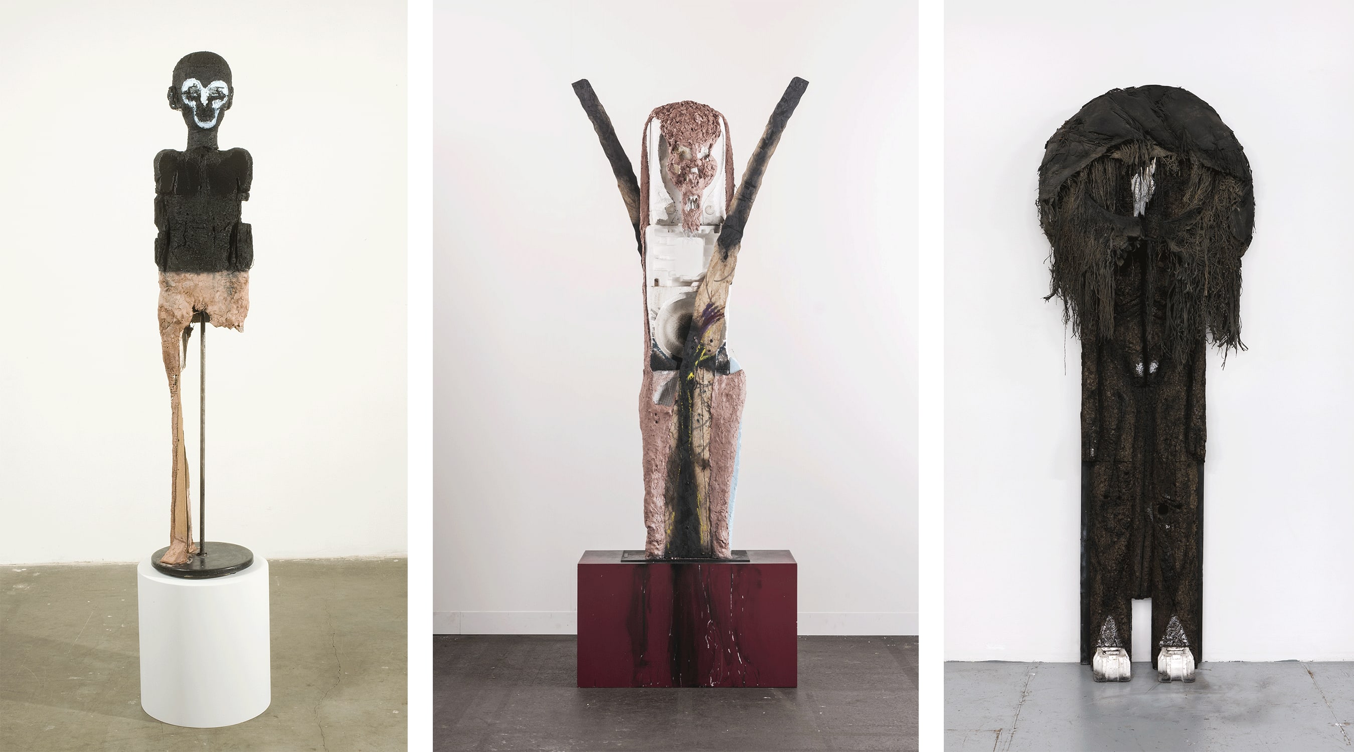 Artworks by Huma Bhabha. From left to right: 1. Bourne Darkly, 2008. Private collection. Courtesy of the artist and David Zwirner 2. Vessel, 2014. ProWinko ProArt Collection. 3. The Past is a Foreign Country, 2019. Courtesy of the artist and David Zwirner.