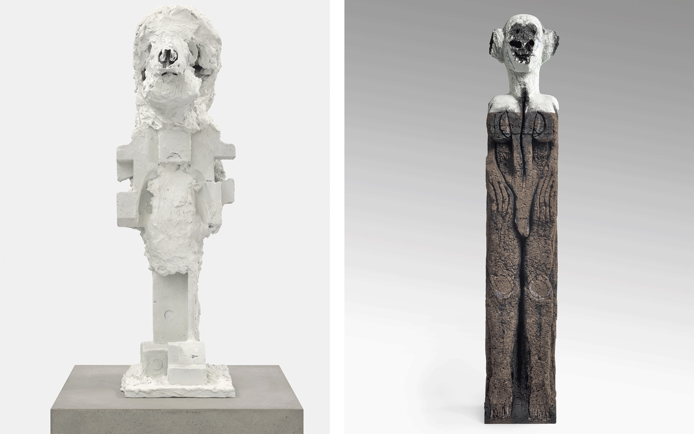 Artworks by Huma Bhabha. Left: Shadow Gang, 2021. Courtesy of the artist and Xavier Hufkens, Brussels. Photograph by Dan Bradica. Right: What is Love, 2013. David and Indrė Roberts Collection.