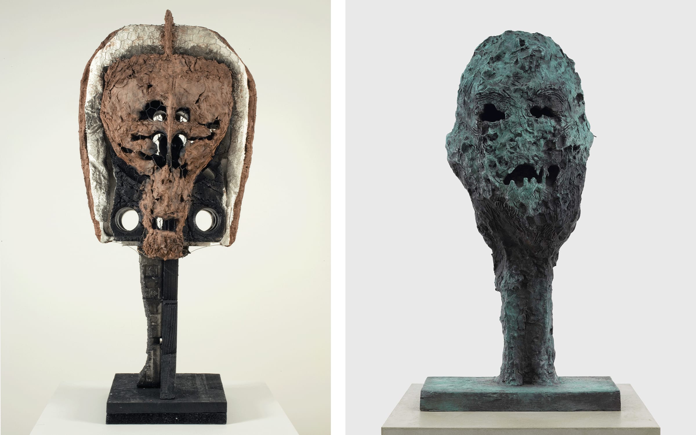 Artworks by Huma Bhabha. Left: Call at Will, 2009. Private collection. Right: The Ancient and Arcane, 2021. Michel Urbain Collection. Courtesy of the artist and David Zwirner.