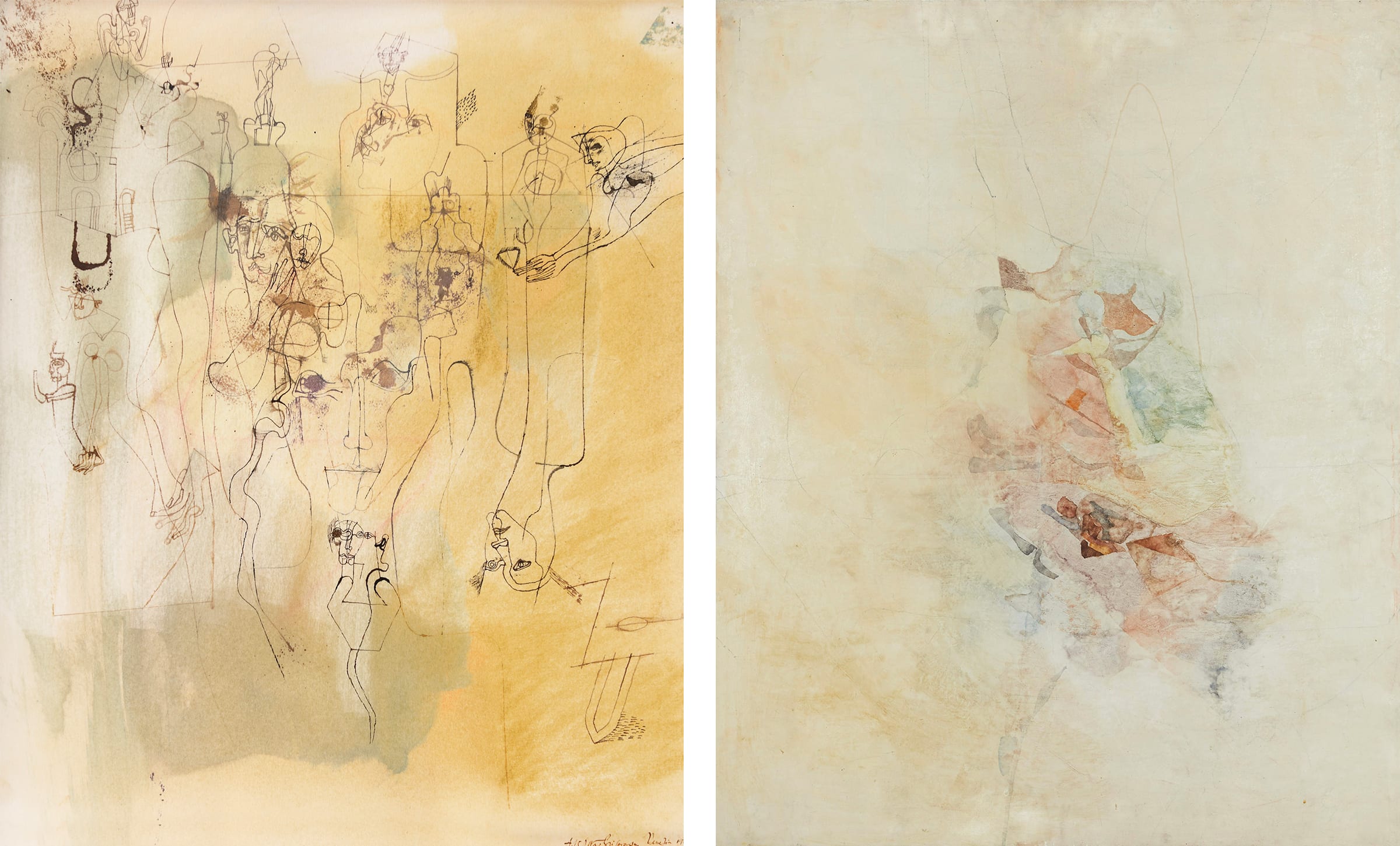 Left: A15, 1970. Right: Composition, c.1980. Both artworks by Octav Grigorescu. Courtesy the artist and Plan B, Cluj, Berlin.