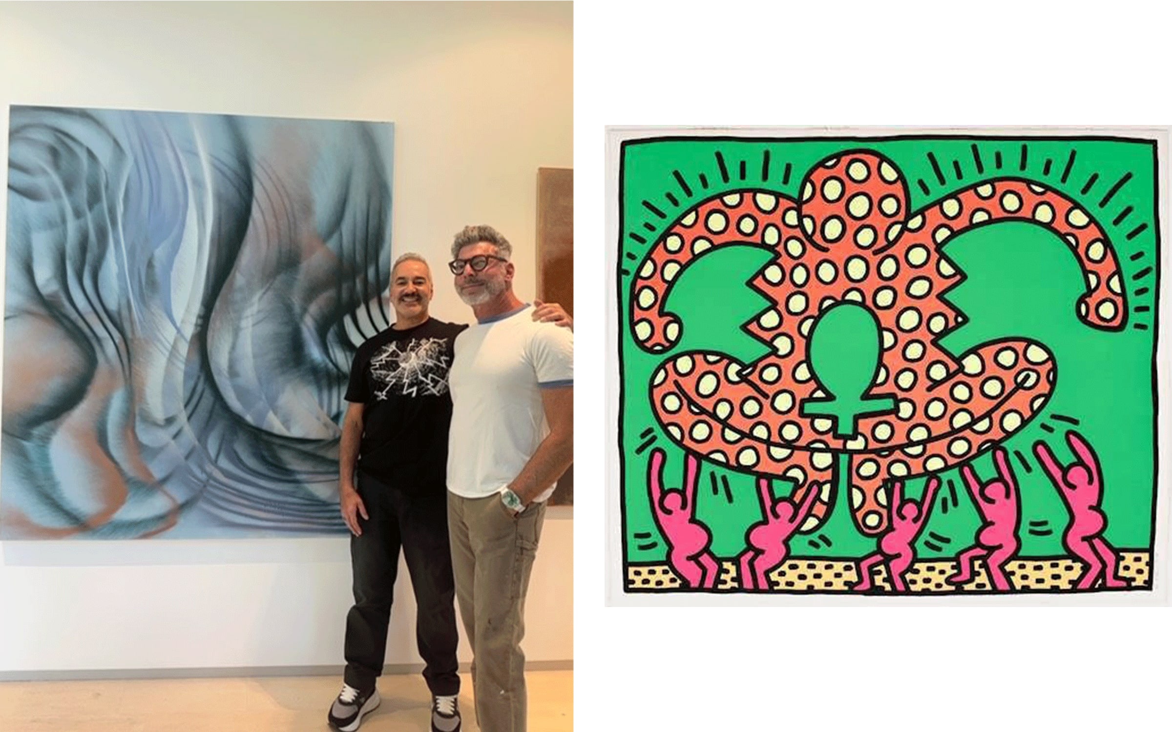 Left: Serge and Ian Krawiecki Gazes in front of an artwork by Andrea Marie Breiling. Courtesy of the collectors. Right: Keith Haring, from the ‘Fertility’ suite, 1983. Courtesy of the collectors.