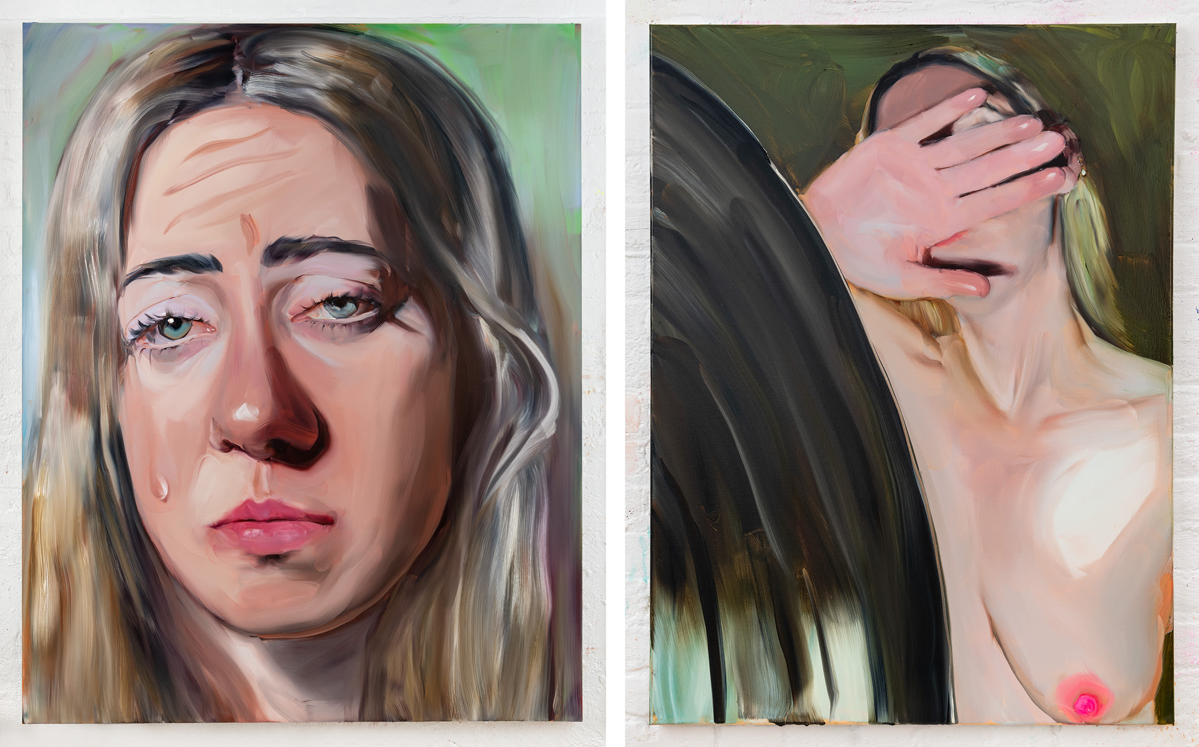 Jenna Gribbon, Fake cry (left) and M deflecting (right), 2022. Courtesy of the artist and Massimo De Carlo.