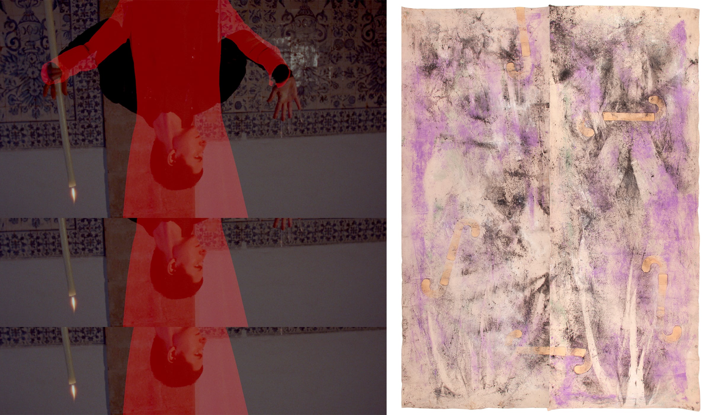 Left: Jessica Warboys, THIS TAIL GROWS AMONG RUINS, 2023. Right: ﻿River Painting, Fossbekken, 2022. Both courtesy of the artist and Gaudel de Stampa.