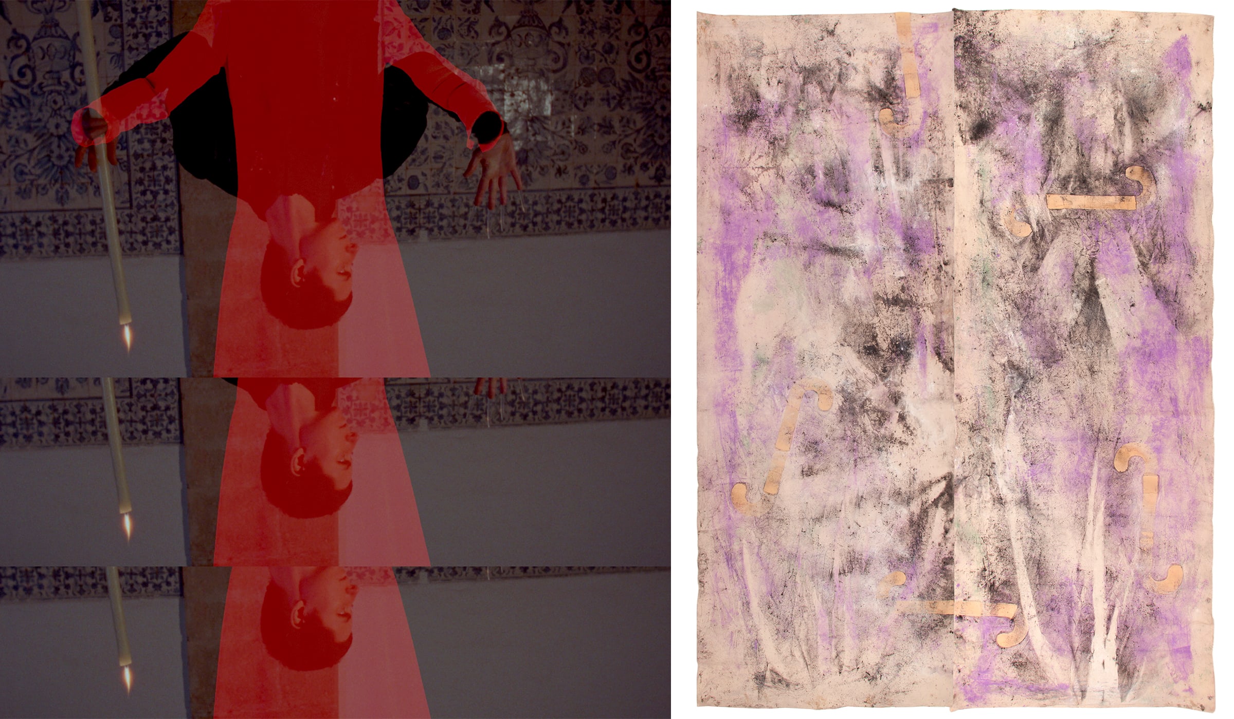 Left: Jessica Warboys, THIS TAIL GROWS AMONG RUINS, 2023. Right: River Painting, Fossbekken, 2022. Both courtesy of the artist and Gaudel de Stampa.