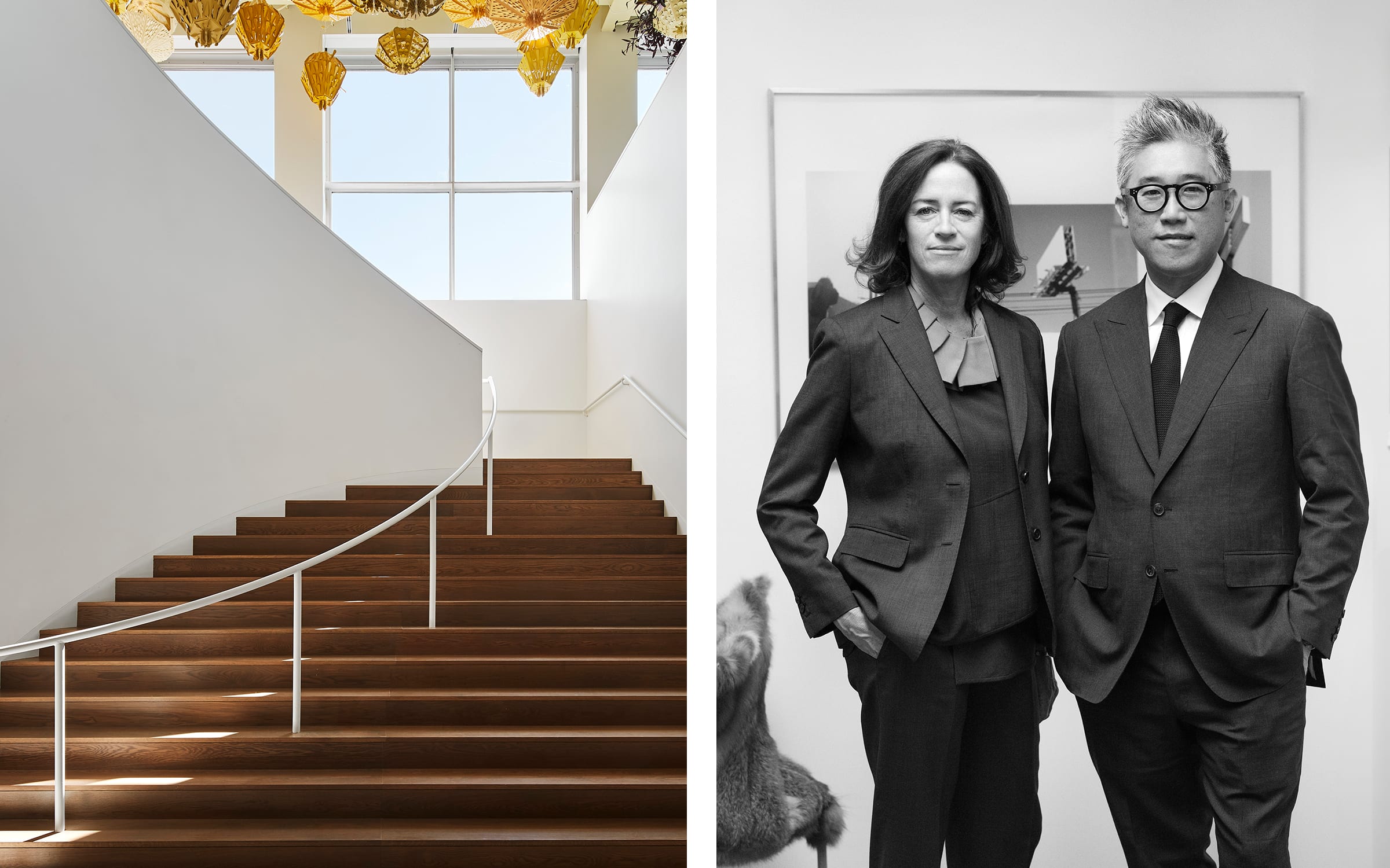 Left: Staircase at the MCA Chicago. Photograph by Kendall McCaugherty, Hall + Merrick. Courtesy of Johnston Marklee. Right: Sharon Jonston and Mark Lee. Photograph by Todd Cole. Courtesy of Johnston Marklee.