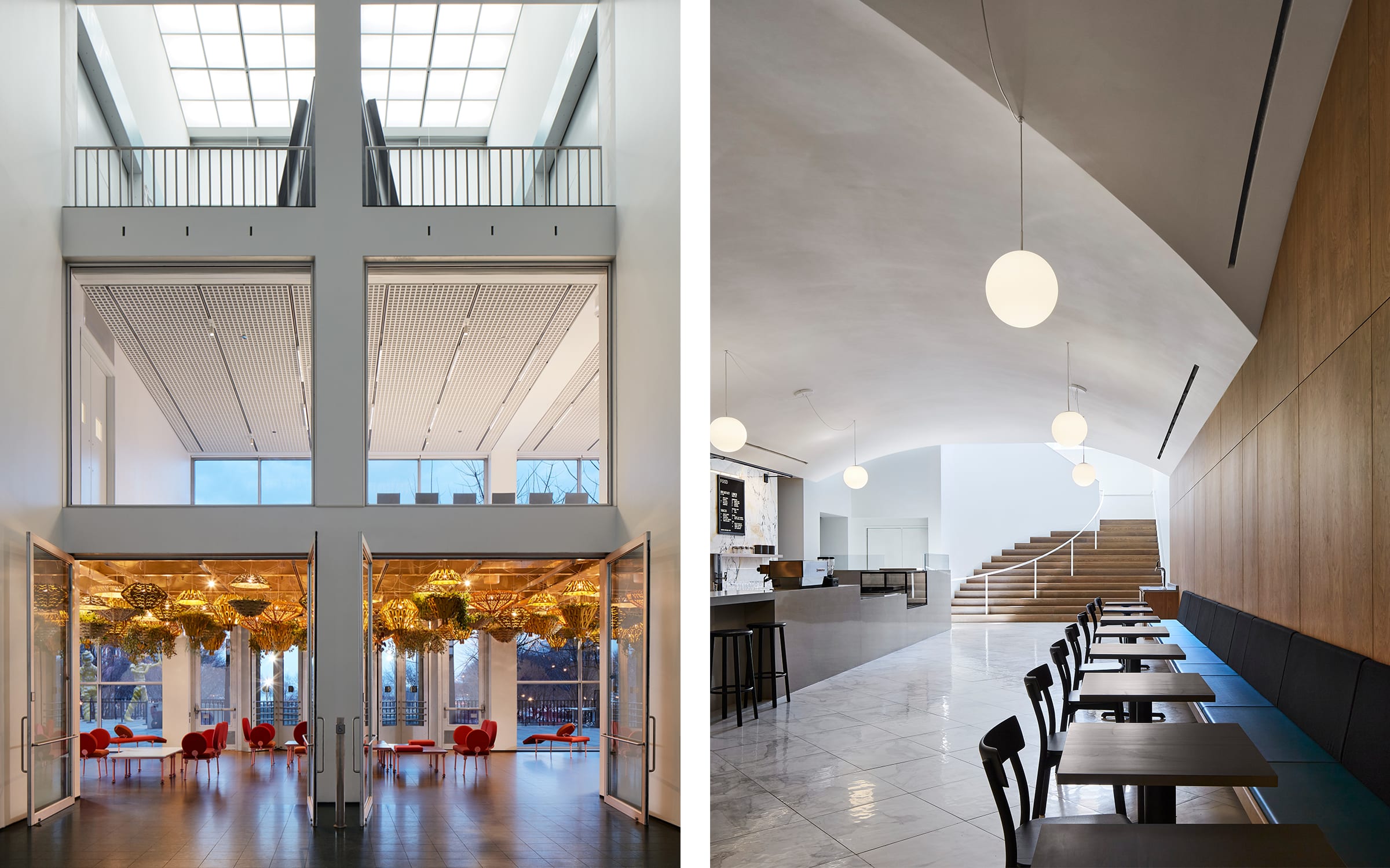 Left: The Commons at the MCA Chicago. Photograph by Steve Hall, Hall + Merrick. Courtesy of Johnston Marklee. Right: Bar at the MCA Chicago. Photograph by Kendall McCaugherty, Hall + Merrick. Courtesy of Johnston Marklee.