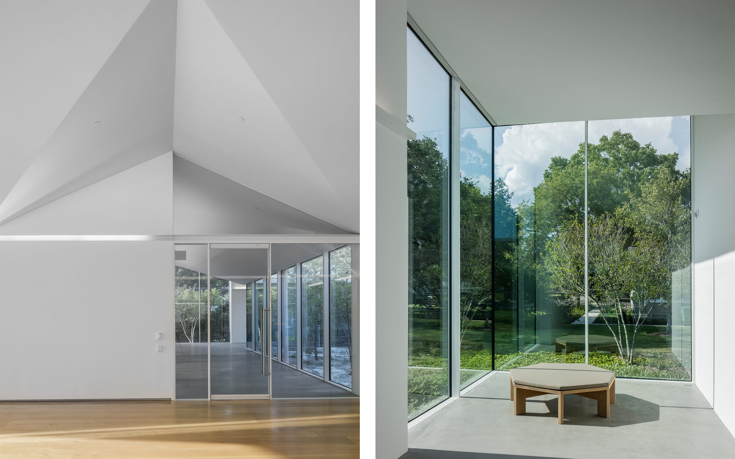 Left: Detail of living room looking into the E. Rudge Allen Family courtyard at the Menil Drawing Institute. Photograph by Richard Barnes. Courtesy of the Menil Collection and Johnston Marklee. Right: Alcove looking north at the Menil Drawing Institute. Photograph by Richard Barnes. Courtesy of the Menil Collection and Johnston Marklee.