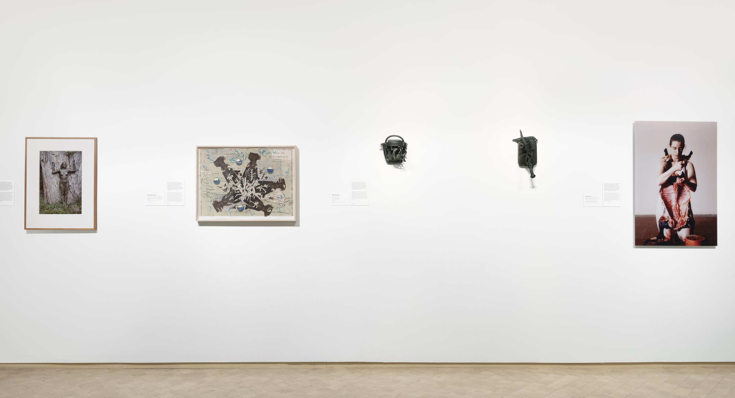 Installation view of Juan Francisco Elso, Elso and the América's Gallery at El Museo del Barrio, New York (October 27, 2022 - March 26, 2023). Left to right: Ana Mendieta, Tree of Life, 1976; Scherezade Garcia, In the garden of dictators/it is raining caudillos I, 2015; Melvin Edwards, For Egypt, 1980 and Work, 1984; Tania Bruguera, The Burden of Guilt (1998 III Bienal Barro de América, Museo de Bellas Artes, Caracas, Venezuela), 1998. Photography by Martin Seck. Courtesy of El Museo del Barrio.