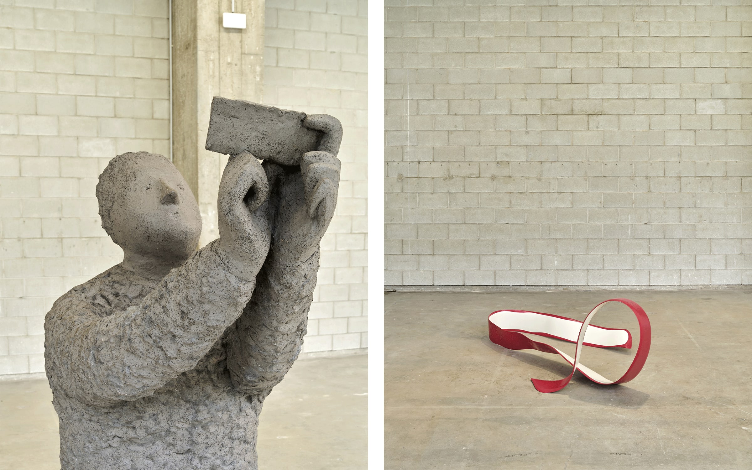 Left: Judith Hopf, Phone User 4, 2021. Installation view of Judith Hopf’s exhibition ‘Énergies’ at Bétonsalon, Paris, 2022. Photograph by Pierre Antoine. Courtesy of the artist and Deborah Schamoni © Adagp, Paris, 2022. Right: Judith Hopf, Rest (Apple Peel 1), 2021. Installation view of Judith Hopf’s exhibition ‘Énergies’ at Bétonsalon, Paris, 2022. Photograph by Pierre Antoine. Courtesy of the artist and Deborah Schamoni © Adagp, Paris, 2022.