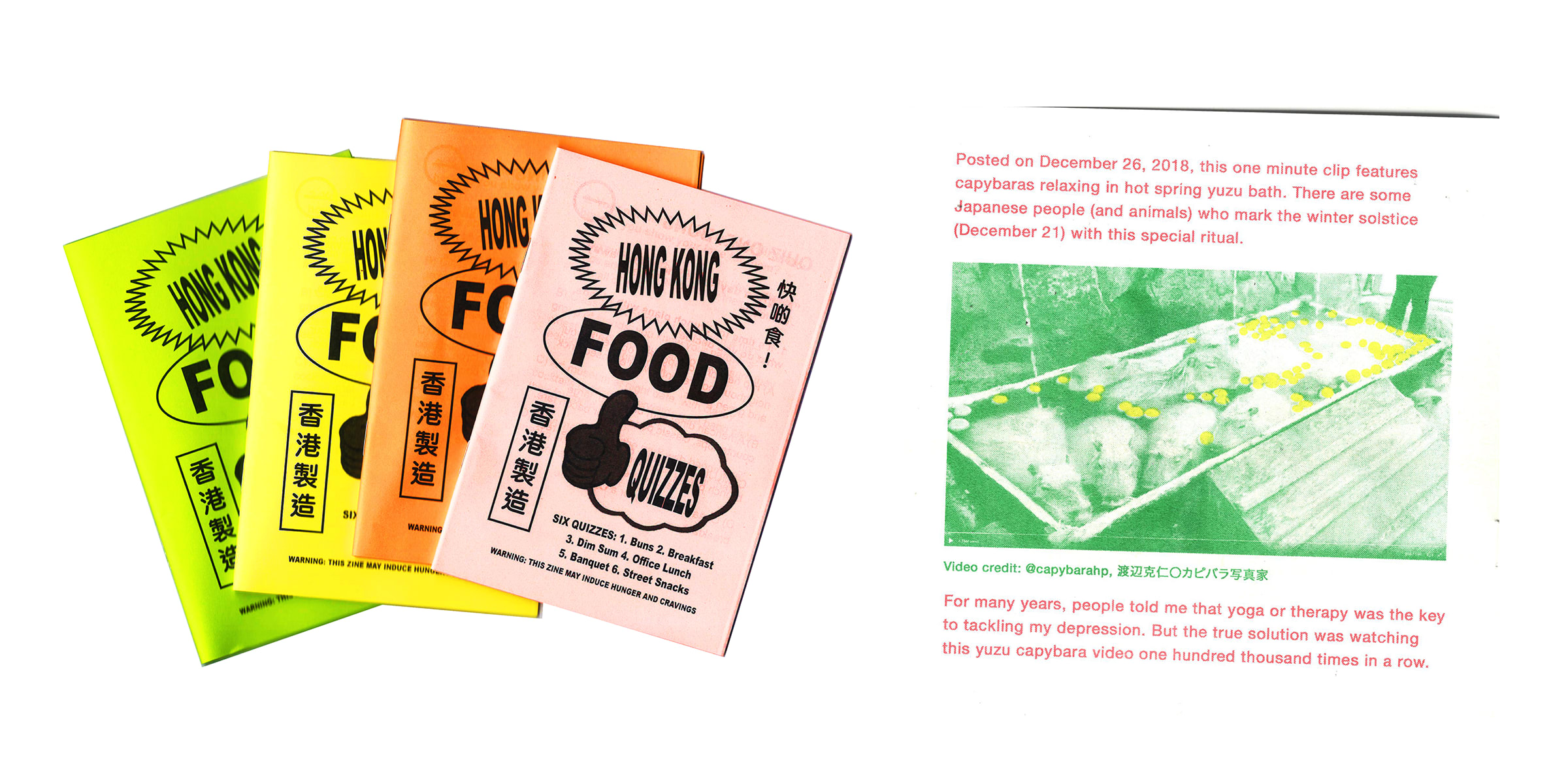 Left: Covers of the zine 'Hong Kong Food Quiz’, 2020. Right: A page from the zine ‘Hallbong/Yuzu’, 2019. All zines by Kaitlin Chan. Courtesy of the artist.