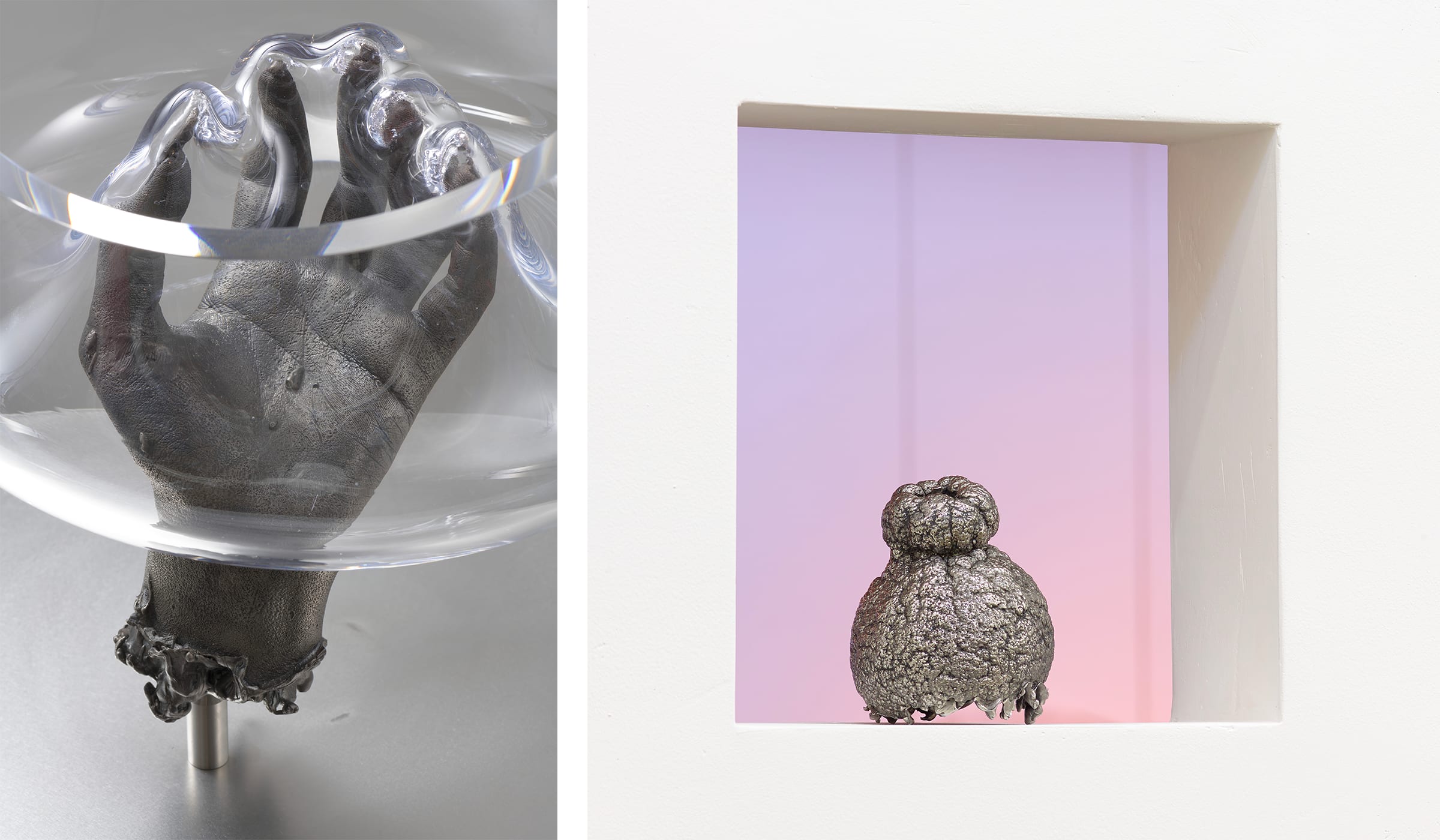 Left: Kelly Akashi, Transmission (detail), 2019. Right: Kelly Akashi, Be Me (Japanese California Citrus), 2016. Courtesy of the artist, François Ghebaly Gallery, and Tanya Bonakdar Gallery.