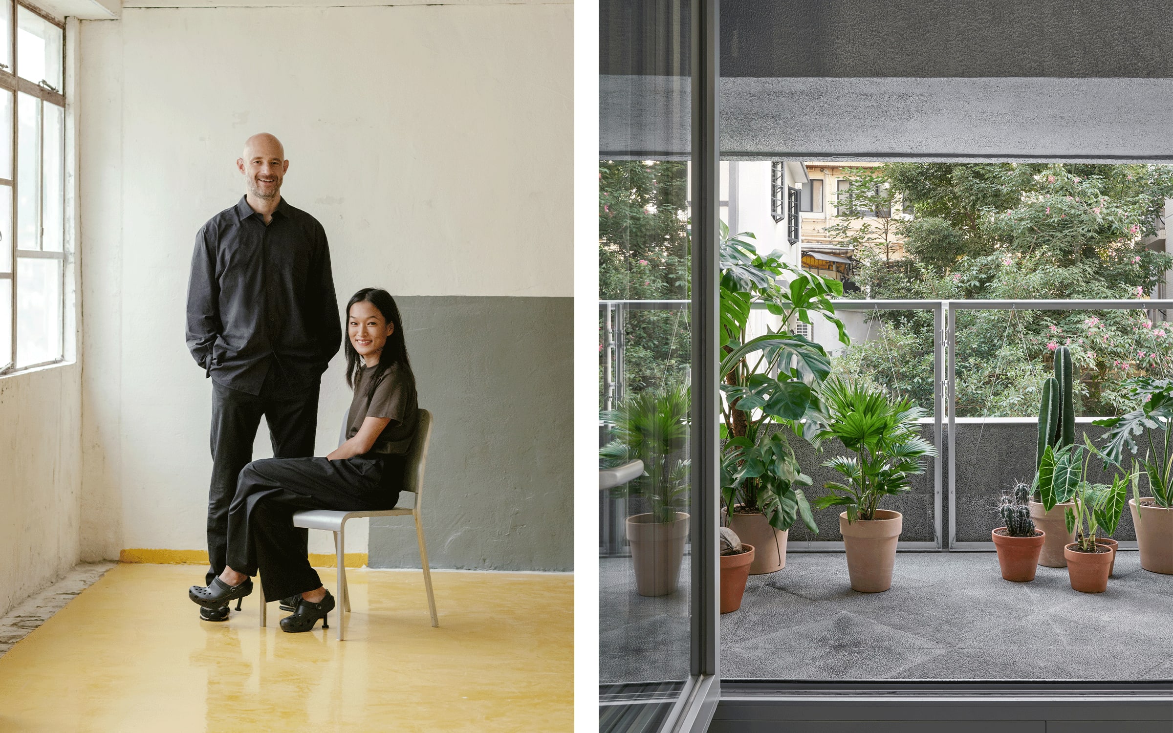 Left: Edouard Malingue and Lorraine Kiang. Photograph by Nick Wong. Right: Kiang Malingue gallery in Wanchai, designed by BEAU. Courtesy of BEAU.