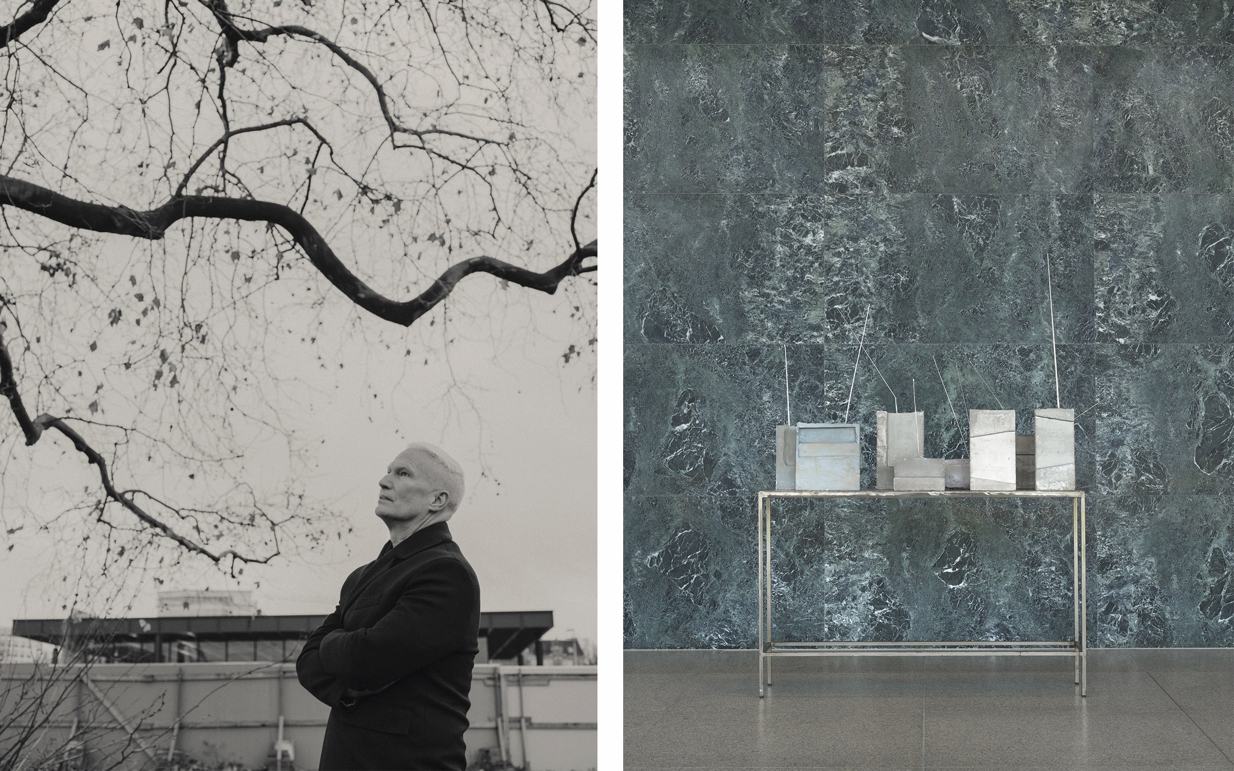 Left: Klaus Biesenbach by Mustafah Abdulaziz. Right: Installation view of exhibition ‘75/75’ by Isa Genzken at Berlin’s Neue Nationalgalerie. WELTEMPFÄNGER, 1988–89 (Private collection London). Photograph by Nationalgalerie – Staatliche Museen zu Berlin / Jens Ziehe. Courtesy Galerie Buchholz © VG Bild-Kunst, Bonn 2023.