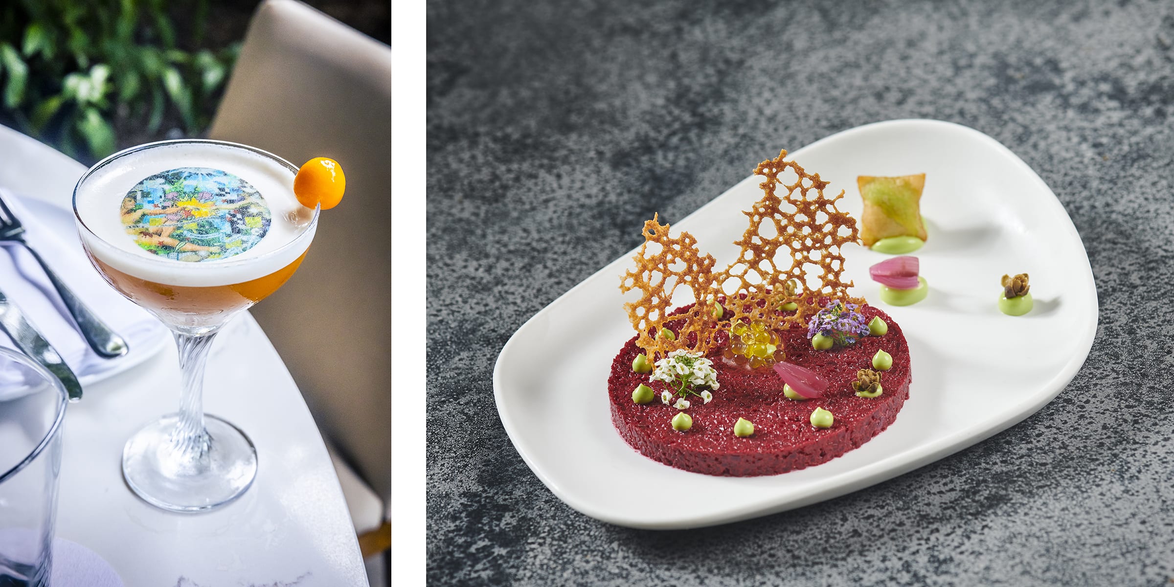 Left: The Allison cocktail at LEKU, garnished with a detail of Allison Zuckerman’s Eternal Recurrence, which was commissioned for the restaurant and hangs above the bar. Photo by Zack Perl/The Backyard Studio. Right: Tartar de Remolacha. Photo by Felipe Cuevas.