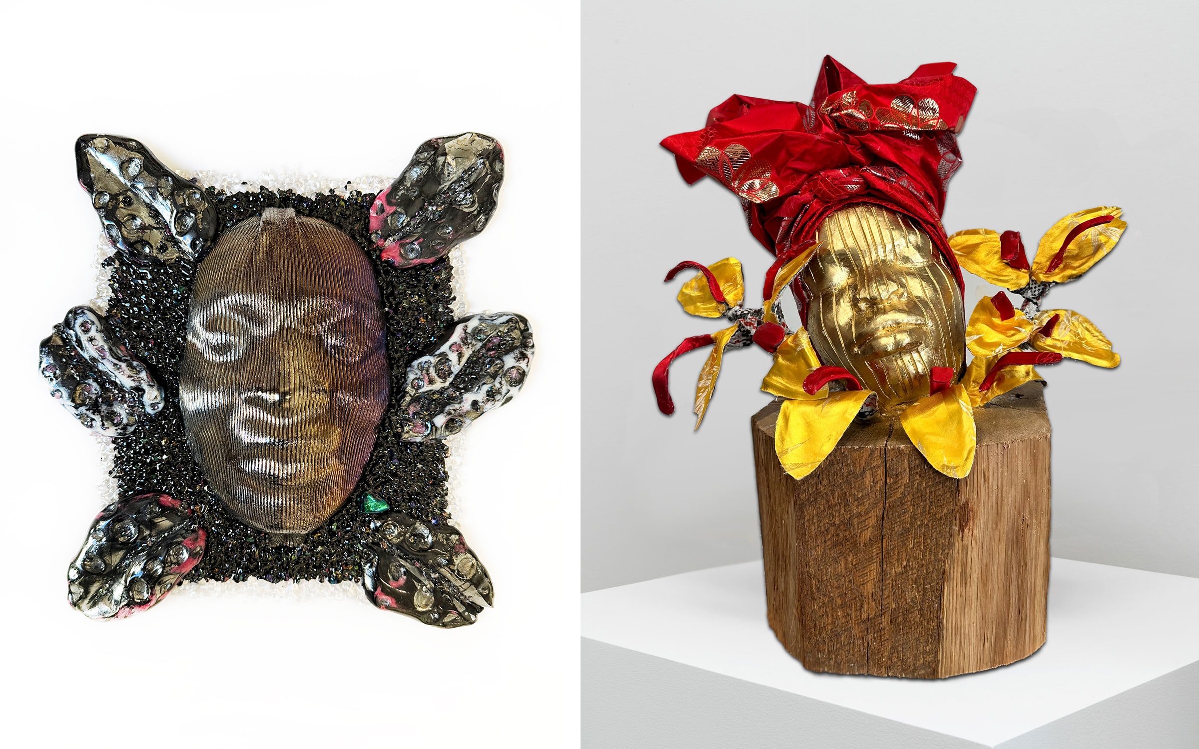 Left: Adebisi VIII, 2023. Right: Aso Ebi: Red & Yellow Gold, 2023. Both works by Layo Bright. Courtesy of the artist and Monique Meloche Gallery.