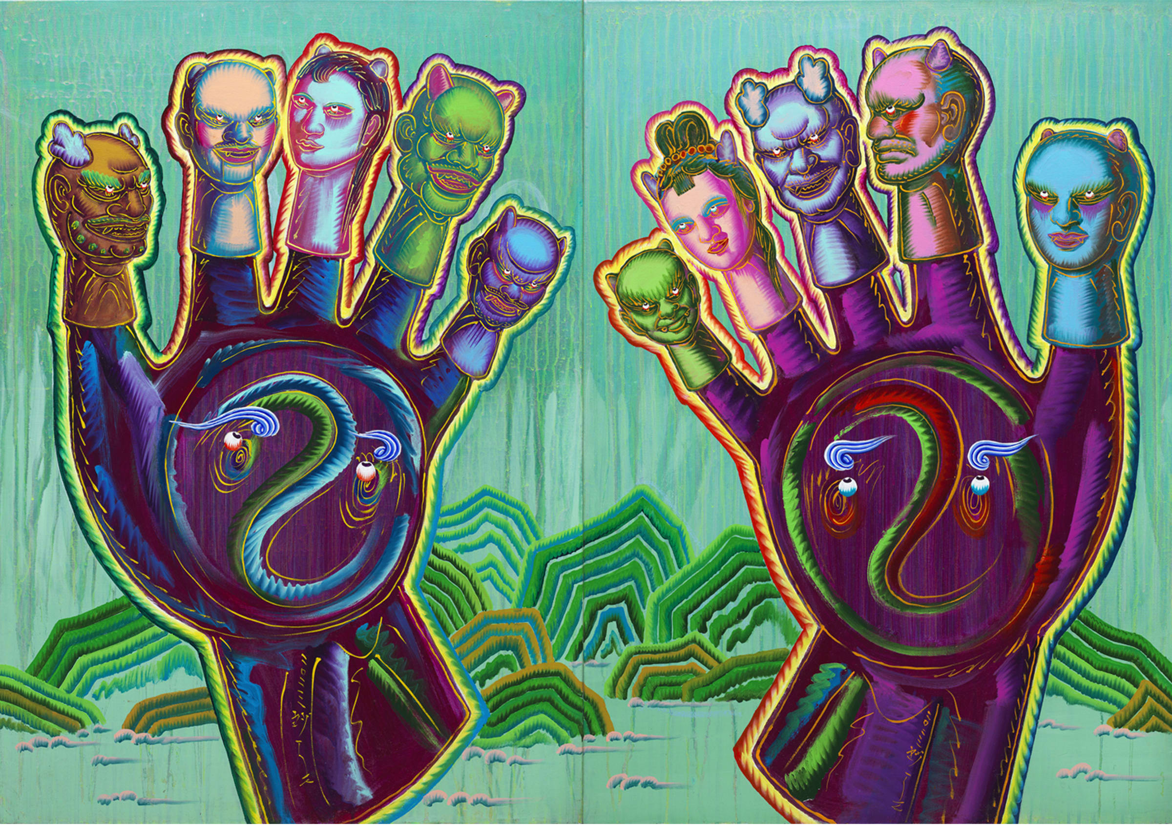 Li Jiun-Yang, Hands with Puppets Heads and Taiji, 2023. Courtesy of the artist and Beyond Gallery.