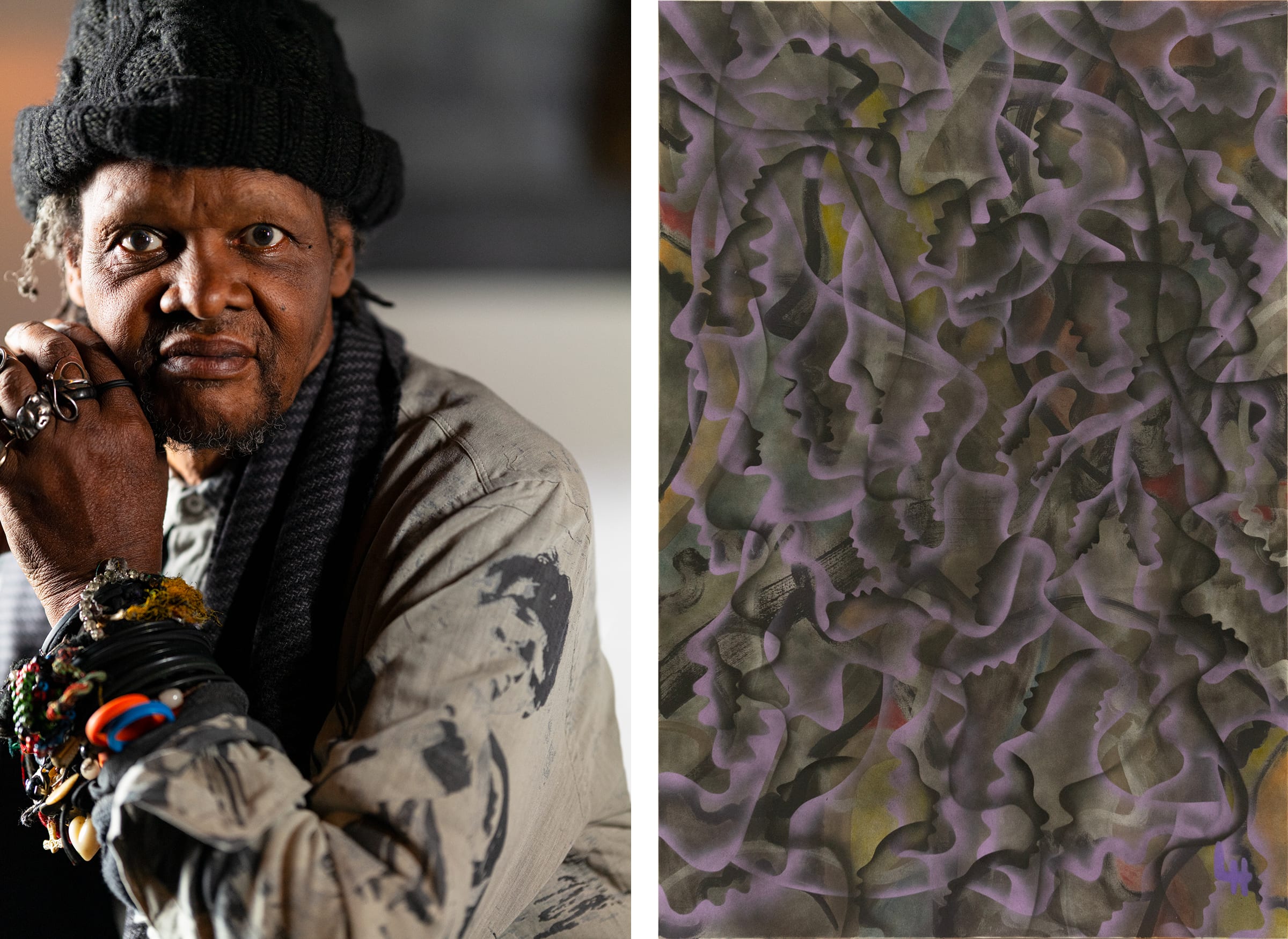 Left: Lonnie Holley. Photograph by David Raccuglia. Right: Lonnie Holley, The Light at the End of Our Darkness, 2023. Photograph by Truett Dietz. © Lonnie Holley / Artists Rights Society (ARS), New York. Courtesy of the artist and Blum & Poe.