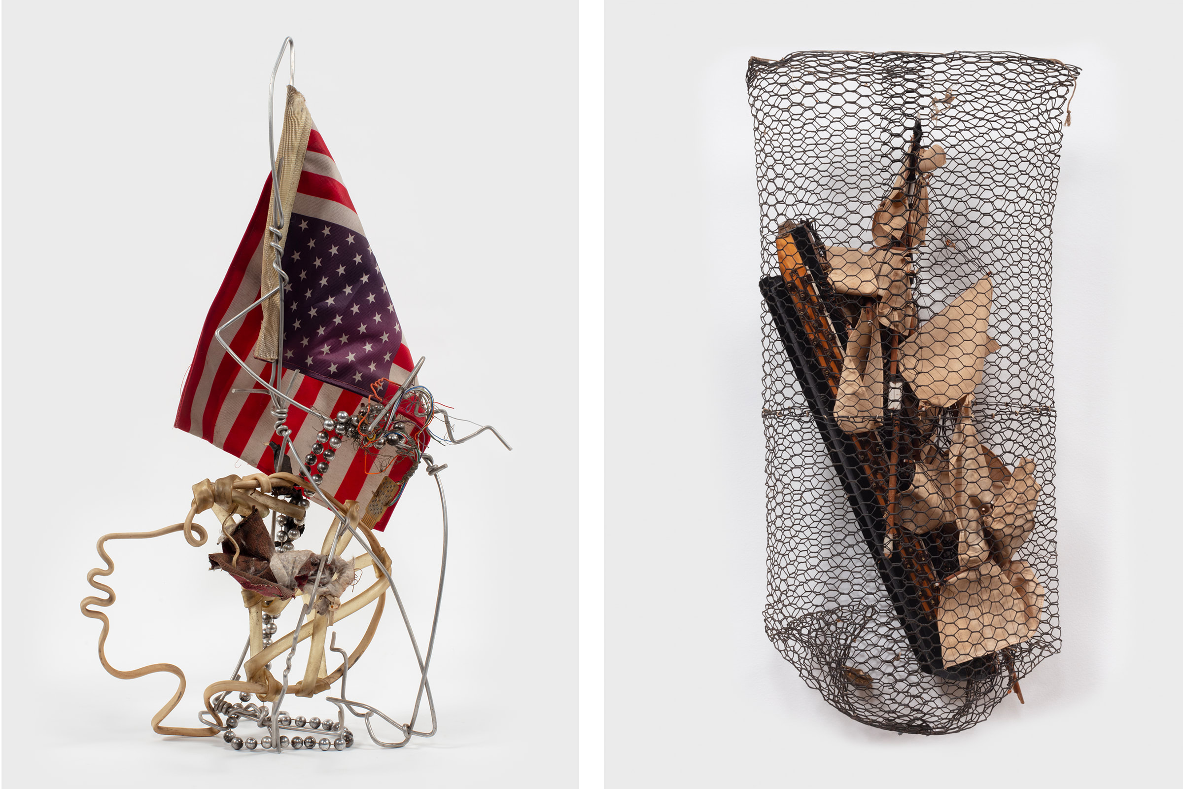 Left: Space Babies Will See the Flag Upside Down, 2008. Josh Schaedel. Right: Trapped (for Ronald Lockett), 2019. Photographs by Josh Schaedel. © Lonnie Holley / Artists Rights Society (ARS), New York. Courtesy of the artist and Blum & Poe.
