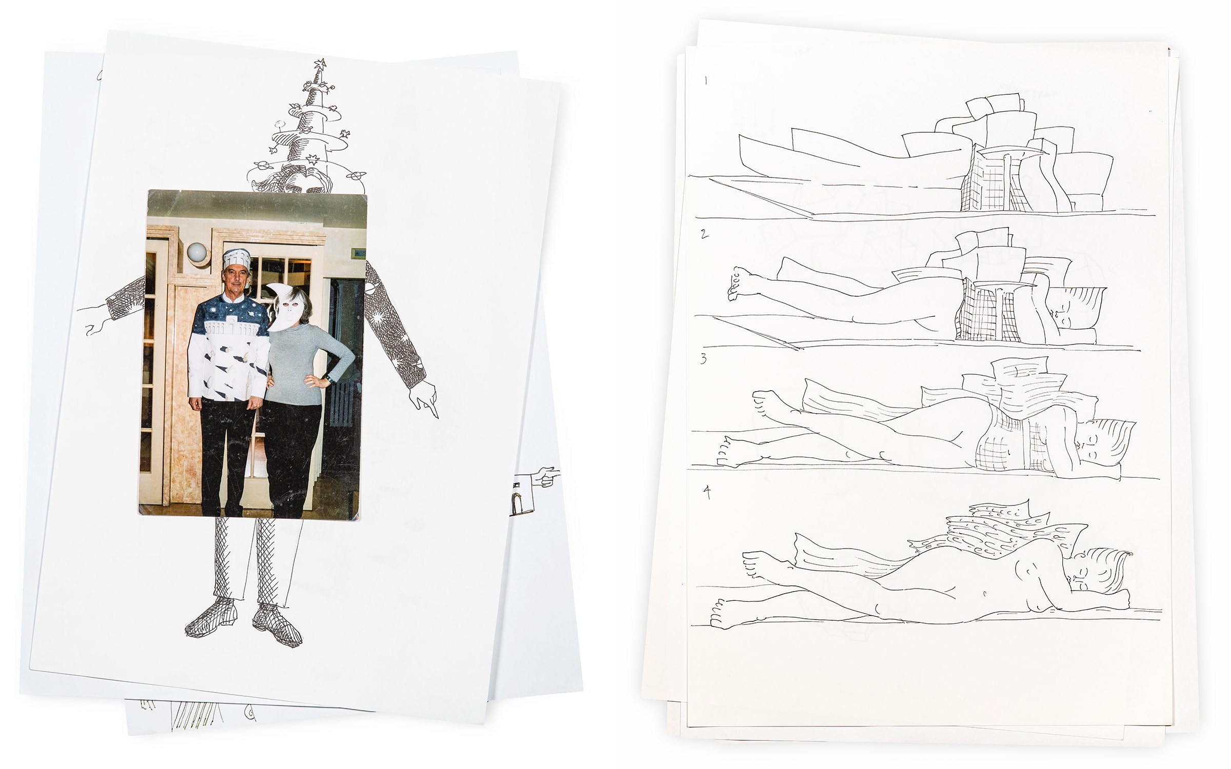 Left: Photograph of Madelon Vriesendorp and Charles Jencks wearing the Cosmic Suit at The Cosmic House, with drawings of the design of the Cosmic Suit for Charles Jencks, c. 2009. Right: Madelon Vriesendorp, Illustration of Bilbao Guggenheim as an Enigmatic Signifier for Charles Jencks’ The Iconic Building: The Power of Enigma by Charles Jencks, c. 2005. Photographs by Giulio Sheaves.