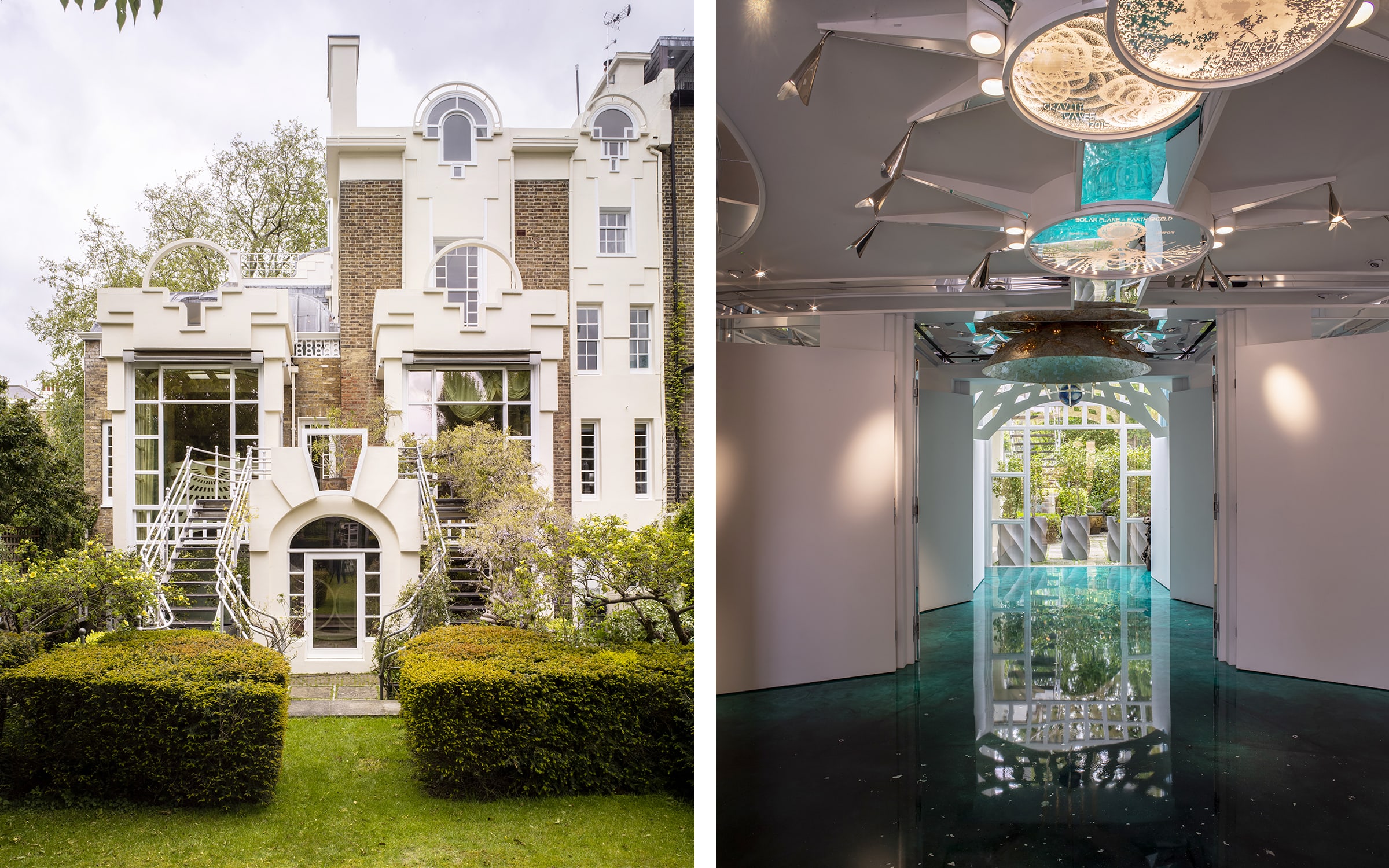 Left: The Garden facade with a representation of the family of four through the repeated ‘Jencksiana’ motif. Right: The new Exhibition Room with the evolution of scientific representations of the sun in the ceiling lights, looking out to the Time Garden, with a malachite floor and sculpture by Charles and Lily Jencks of the sun and earth above.