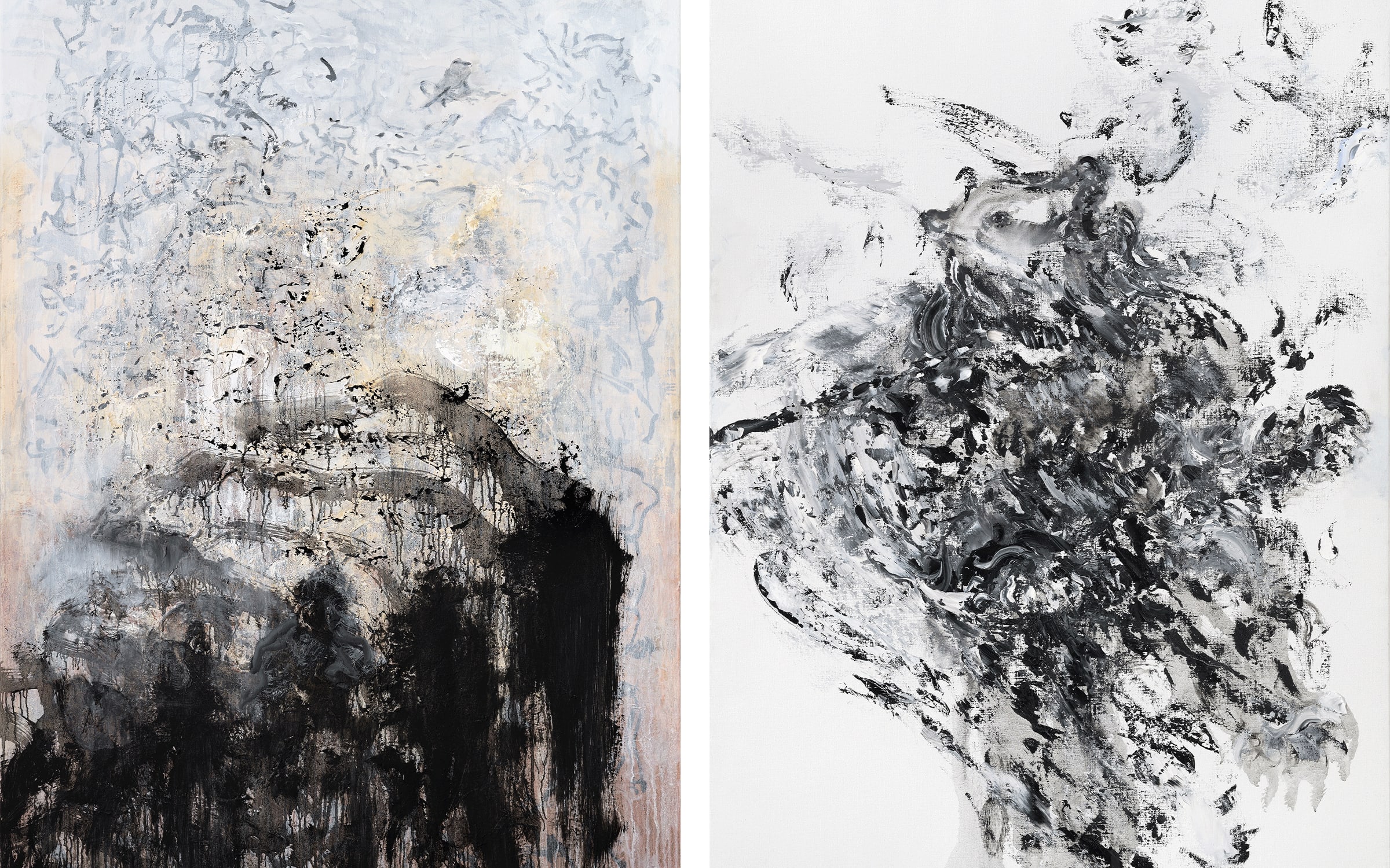Left: The last baboon, 2018. Right: Dancing Bear, 2020-21. Both paintings by Maggi Hambling, courtesy of the artist and Marlborough Gallery, New York.