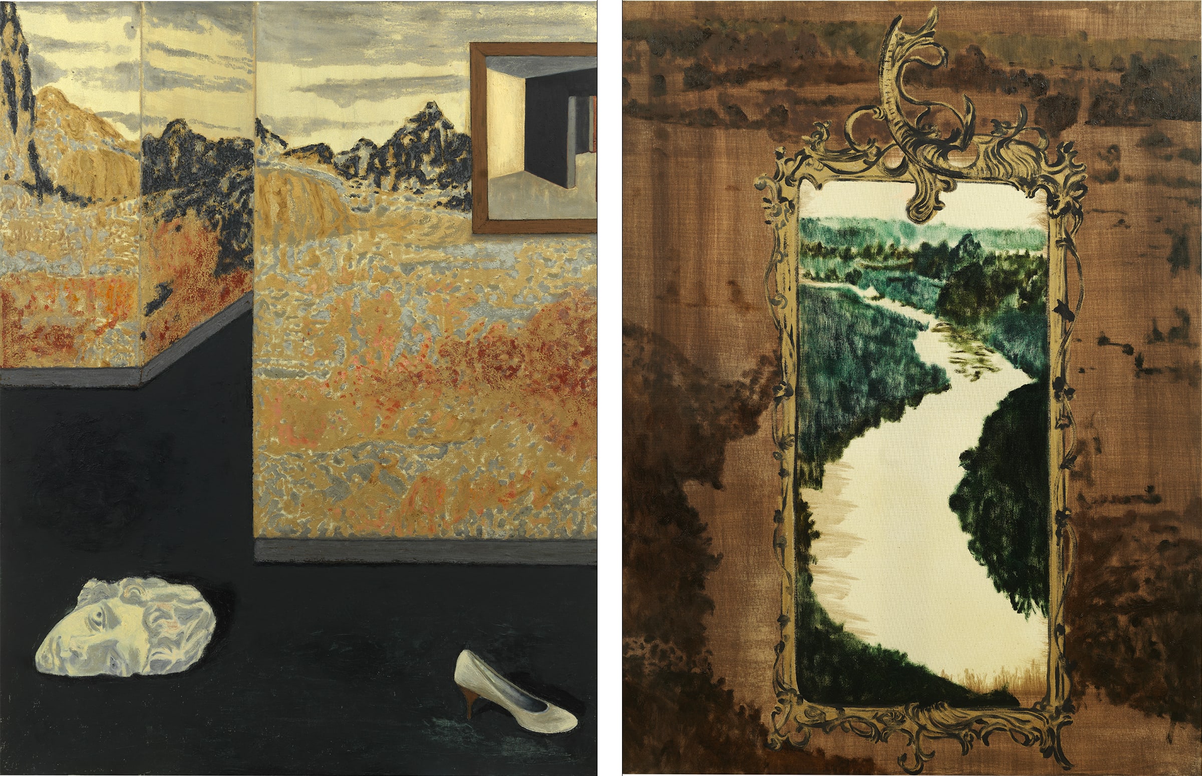 Artworks by Mamma Andersson. Left: Willy-nilly, 2023. © Mamma Andersson/Artists Rights Society (ARS), New York/ Bildupphovsrätt, Sweden. Courtesy of the artist and David Zwirner. Right: Speculi Oculo II, 2023. © Mamma Andersson/Artists Rights Society (ARS), New York/. Bildupphovsrätt, Sweden. Courtesy of the artist and David Zwirner.