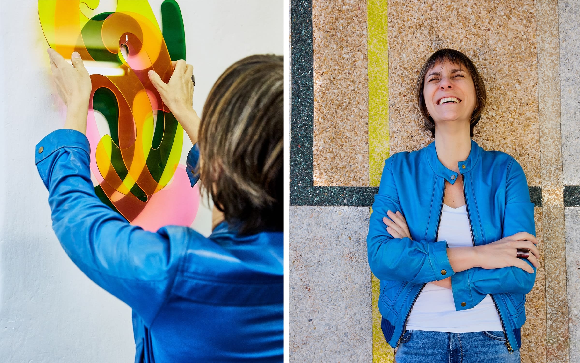 Left: Sinclair rearranging a work in progress. Right: Sinclair at her studio. Photos by Mani Gatto.