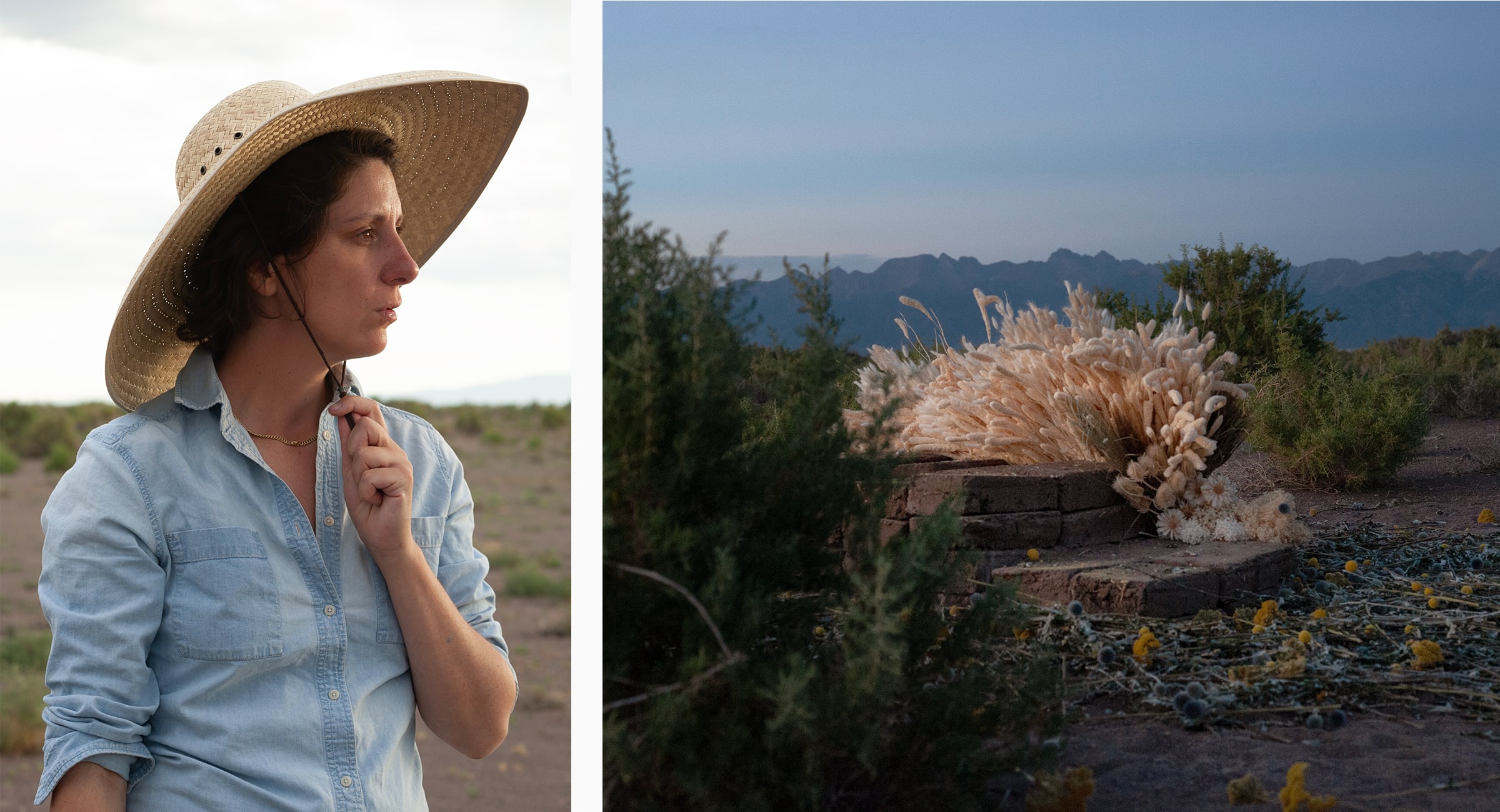 Left: Marguerite Humeau in Orisons, 2023. Right: Orisons by Marguerite Humeau, 2023. Photographs by Julia Andréone and Florine Bonaventure. Courtesy of the artist and Black Cube Nomadic Art Museum. 