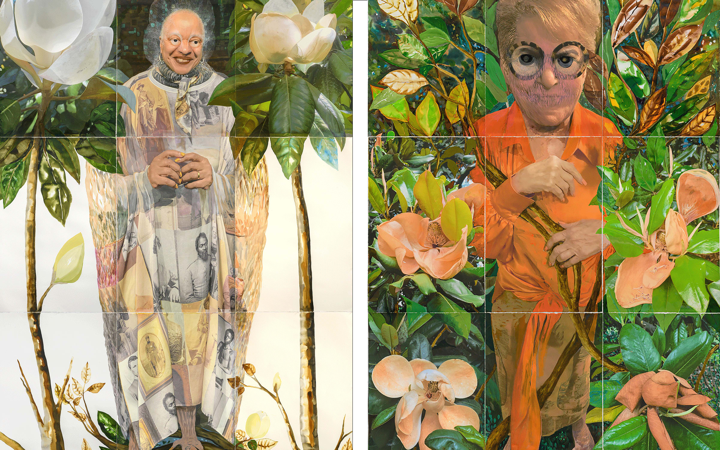 Both artworks by María Magdalena Campos-Pons, courtesy of the artist, Galerie Barbara Thumm, and Gallery Wendi Norris. Left: Secrets of the Magnolia Trees. Deb Luminosity, 2022 (from the series: ‘Forest of Solitude’). Right: Bernice Look-Out, 2022 (from the series: ‘Forest of Solitude’).